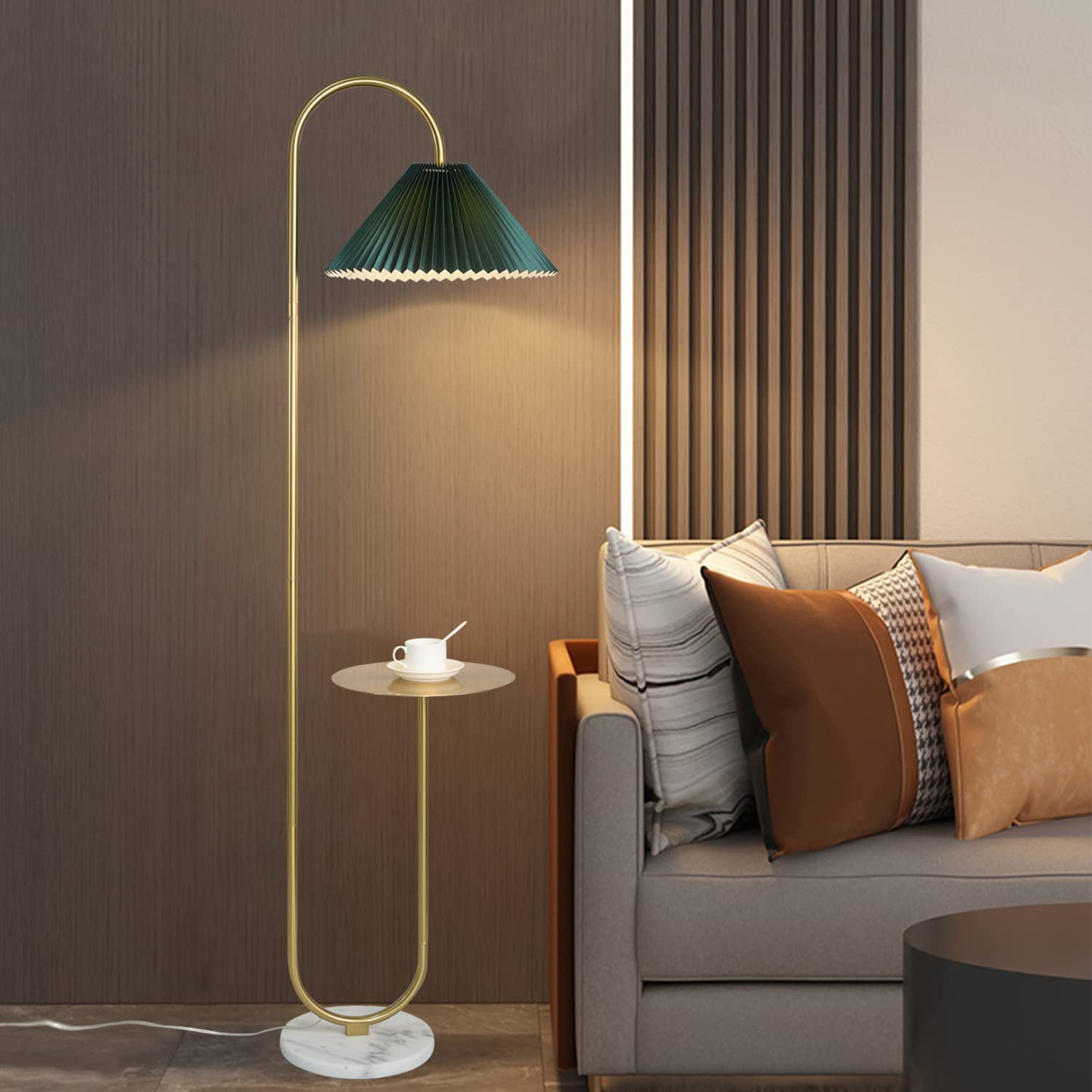 Modern Elegant with Tray Floor Lamp for Office Cafe Den Living Room Bedroom, Foot Switch and Brass/Gold Finish,Light Yellow Pleated Cloth Lampshade