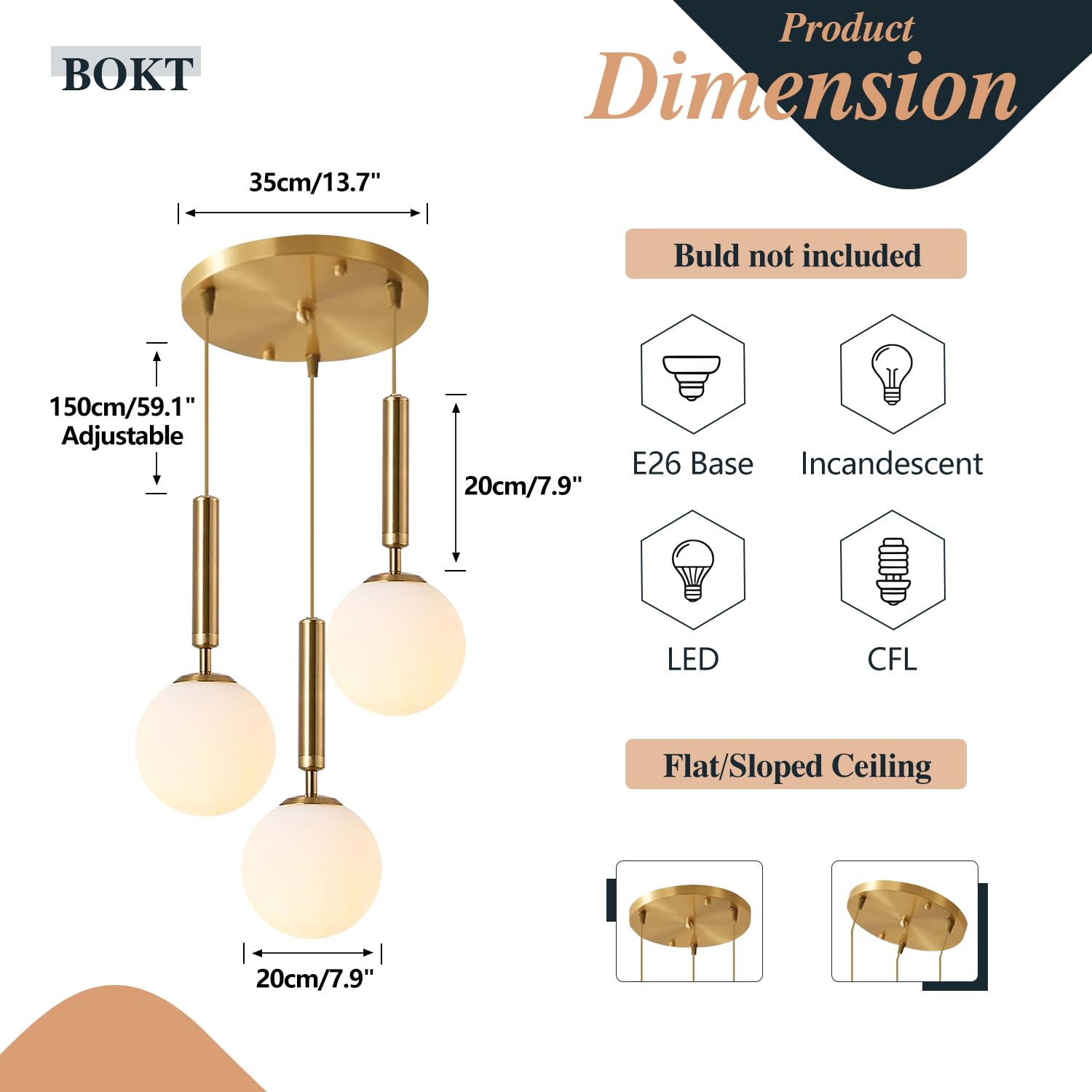 Modern 3 Light Cluster Pendant Lights Kitchen Island Mid Century Adjustable Brushed Gold Globe Chandelier Pendant Light Fixture Retro Vintage Milk White Glass Round Multi Hanging Ceiling Light