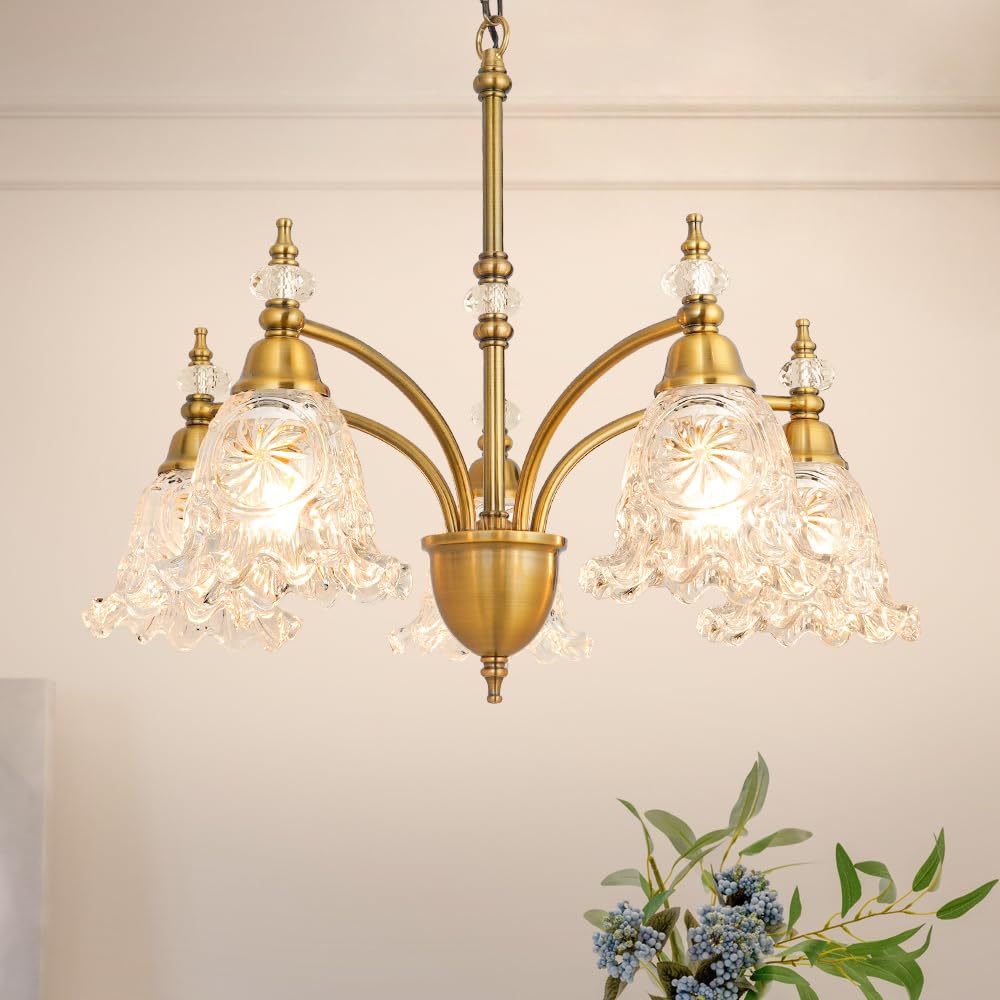 Vintage 3 Light Glass Chandelier, Brass Dining Room Light Fixtures Over Table, Farmhouse Glass Chandelier Lighting for Kitchen Table, Dinning, Foyer, Bathroom, Living Room, Bedroom