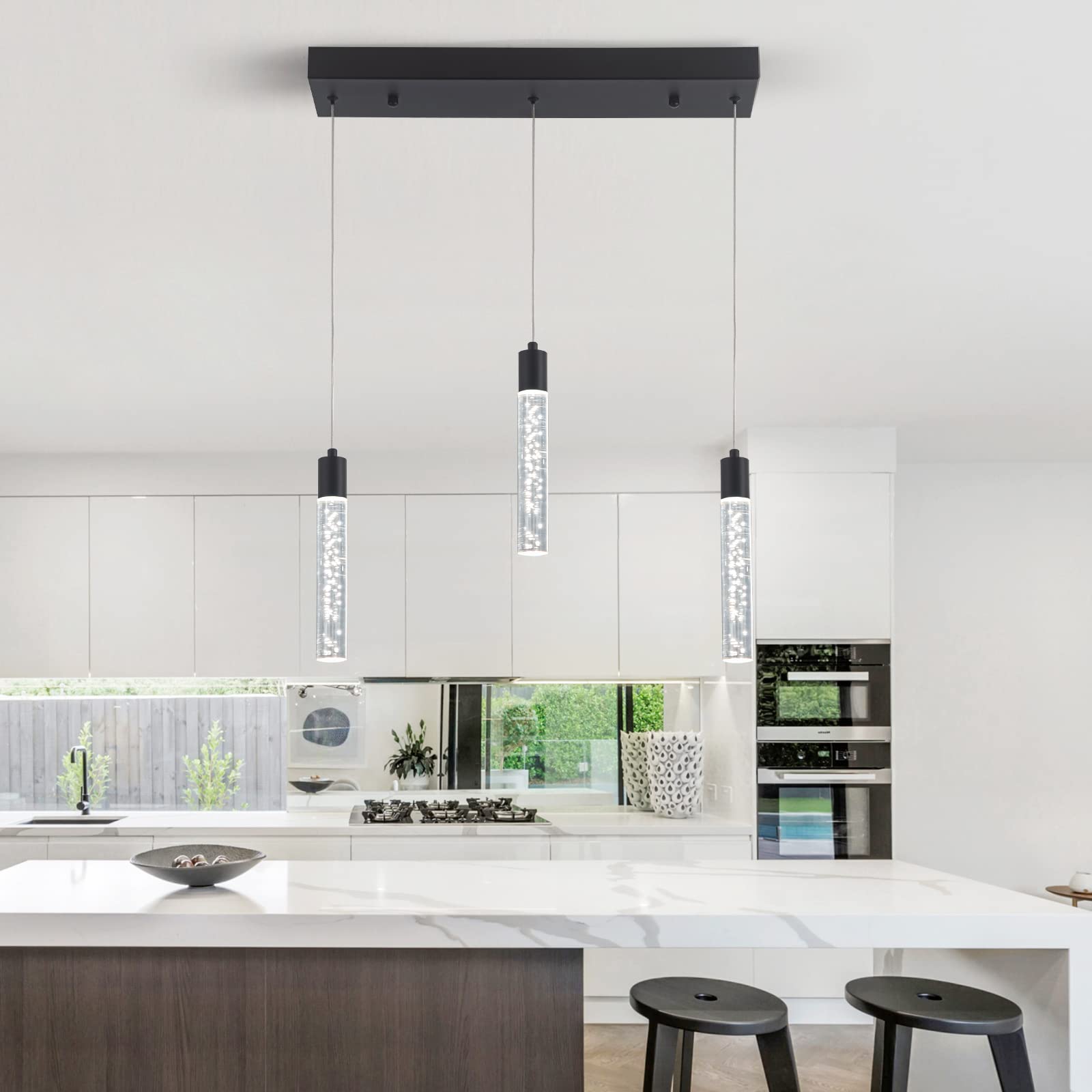 Modern Pendant Lighting 5-Light Linear Chandeliers Dimmable LED Pendant Lights Kitchen Island Lighting with Matte Black Finish and Acrylic Shades for Kitchen Island and Dining Room…