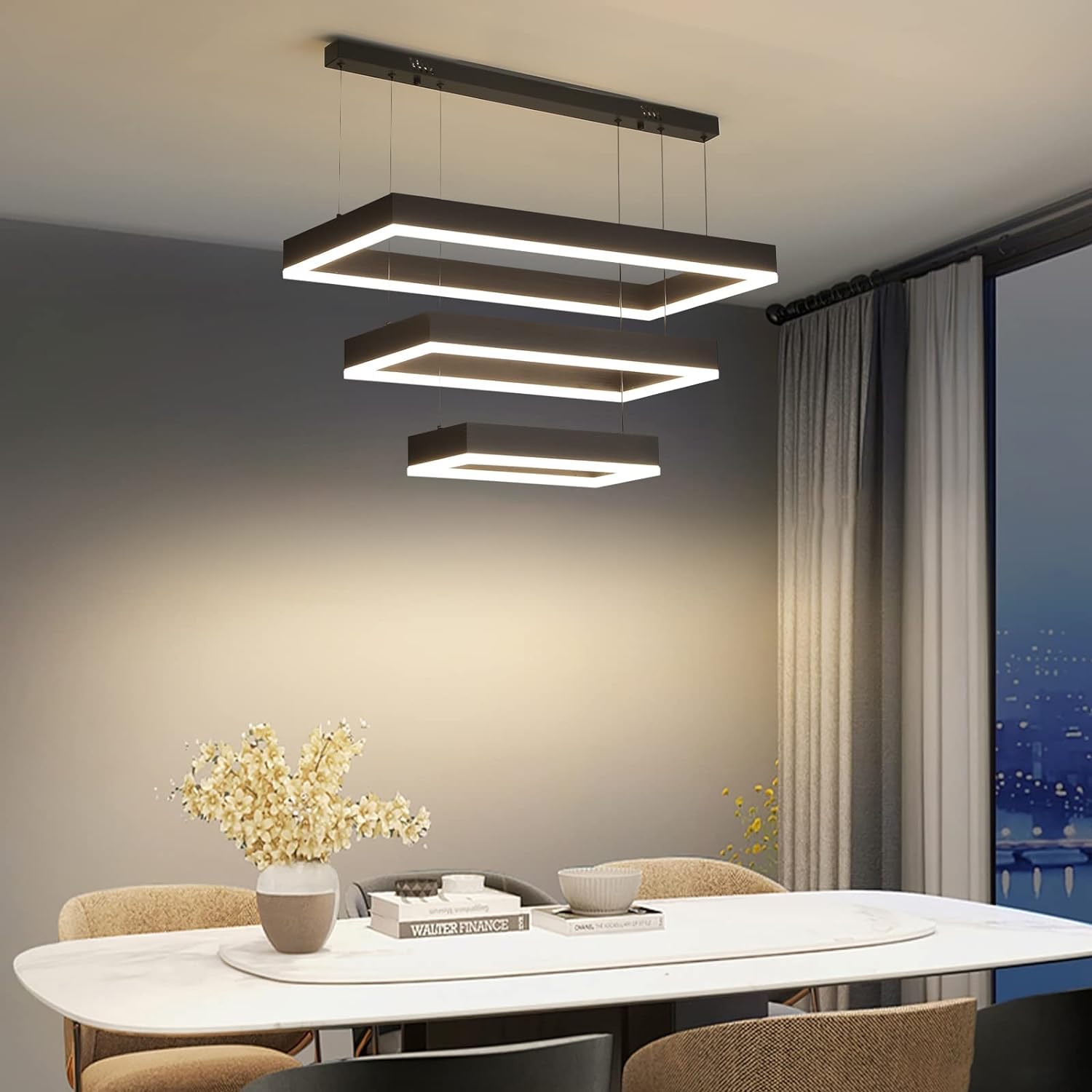 Modern LED Chandelier, Double Rectangles Ceiling Pendant Lights, LED Island Lights Dimmable Chandeliers for Dining Room Living Room Bedrooms, Black (40CM/60CM)