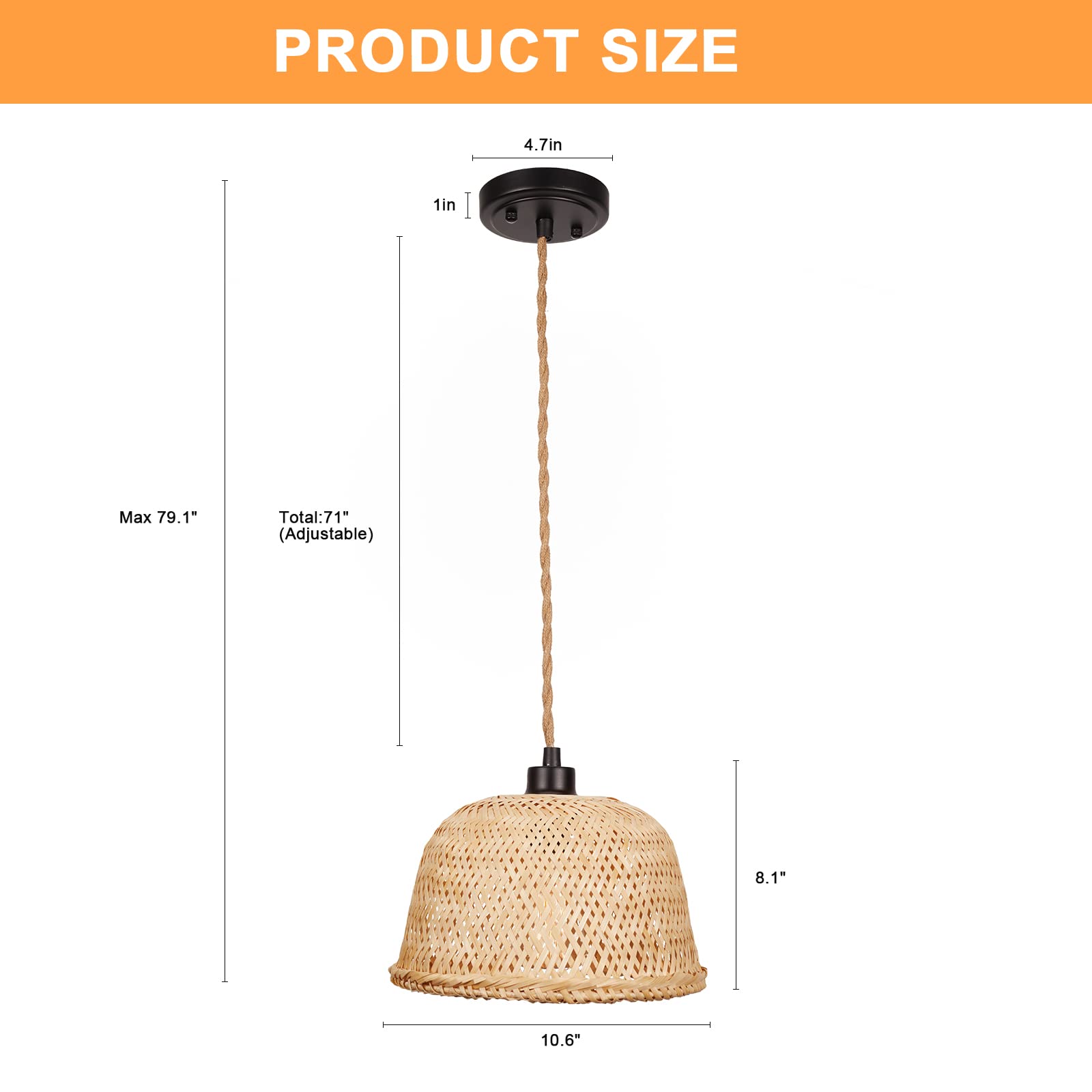 Rustic Farmhouse Bamboo Pendant Light - 18 Inch Large Dome Handwoven Ceiling Mounted Bamboo Chandelier Shades, Coastal Beach Hanging Rattan Light Fixture for Kitchen, Dining, Living Room