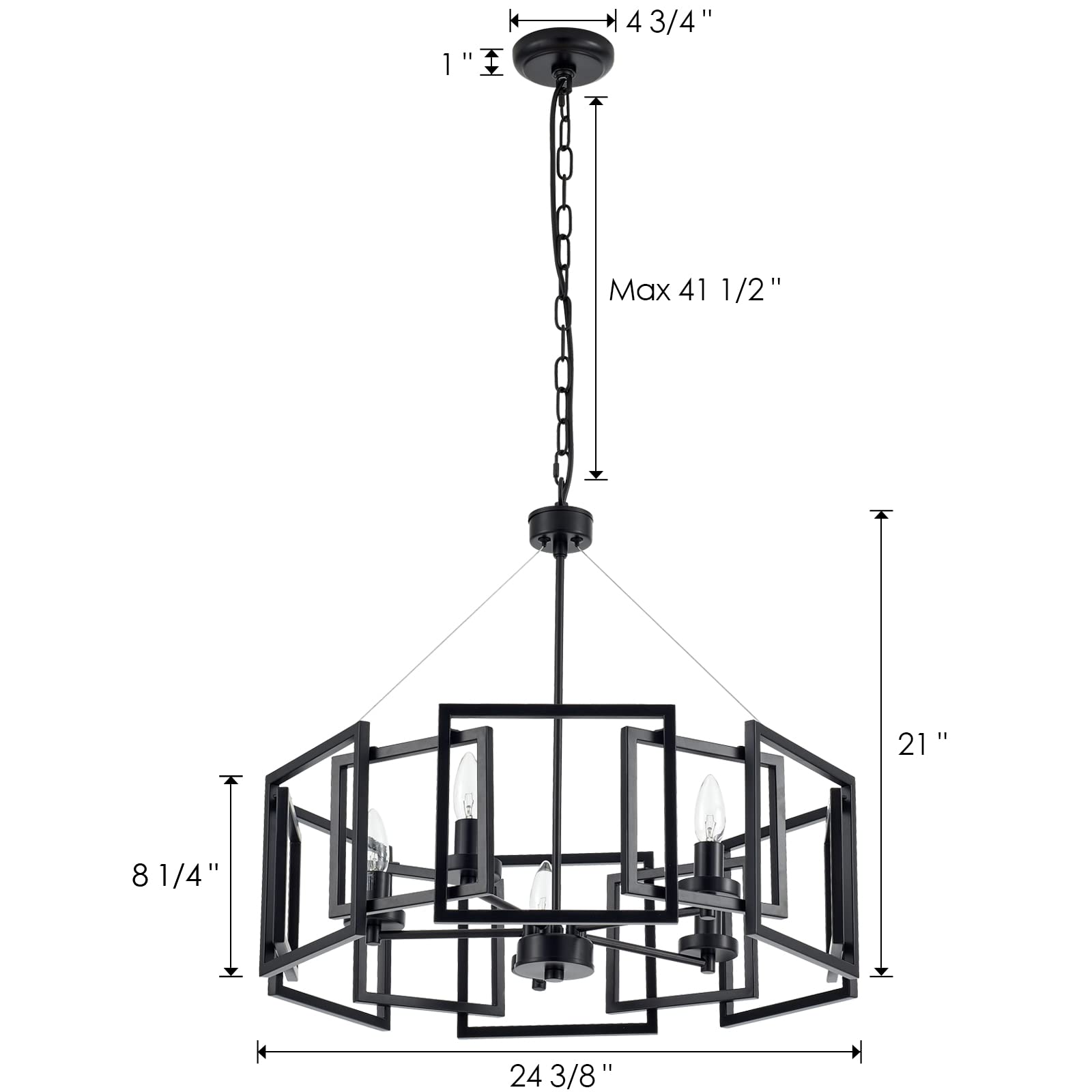 Industrial Style Chandelier, with Matt Black Finish Geometric Shade Pendant Lighting Fixture for Dining Room Living Room Kitchen Island Bedroom 5-Light