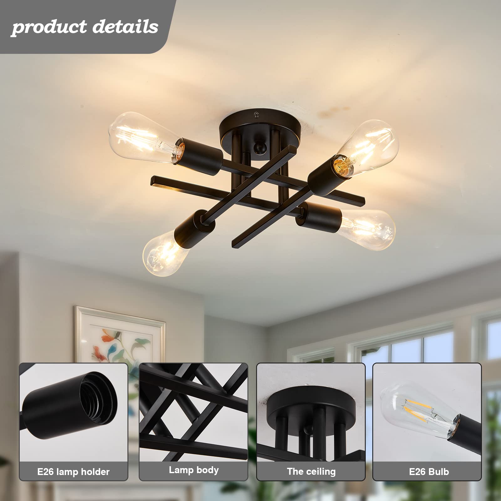 4-Light Semi Flush Mount Ceiling Light Fixture 2 Pack Ceiling Light Matte Black with E26 Base Modern Ceiling Light for Porch Bedroom Hallway Kitchen Farmhouse