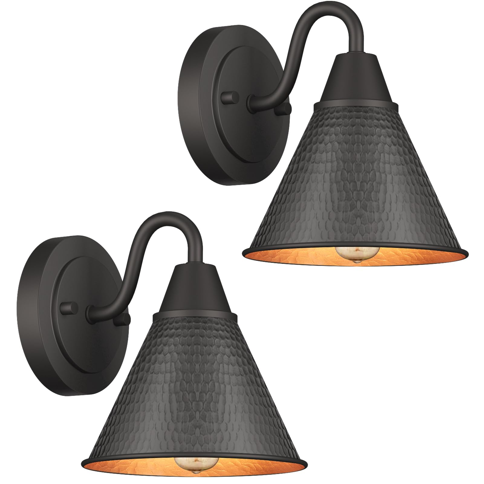 Outdoor Wall Sconces, 2-Pack Wall Lights Fixture, Exterior Farmhouse Porch Light with Hammered Metal Shade, Anti-Rust Waterproof Black Outside Barn Light for Front Porch Patio Garage Gazebo House