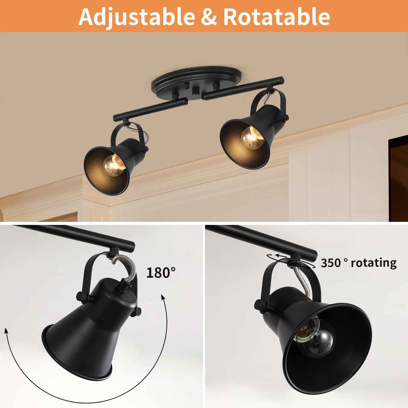 4-Light Track Lighting Kit, Directional Ceiling Light, Industrial Black Kitchen Track Lighting Fixtures Ceiling for Kitchen, Living Room, Dining Room, Hallway.