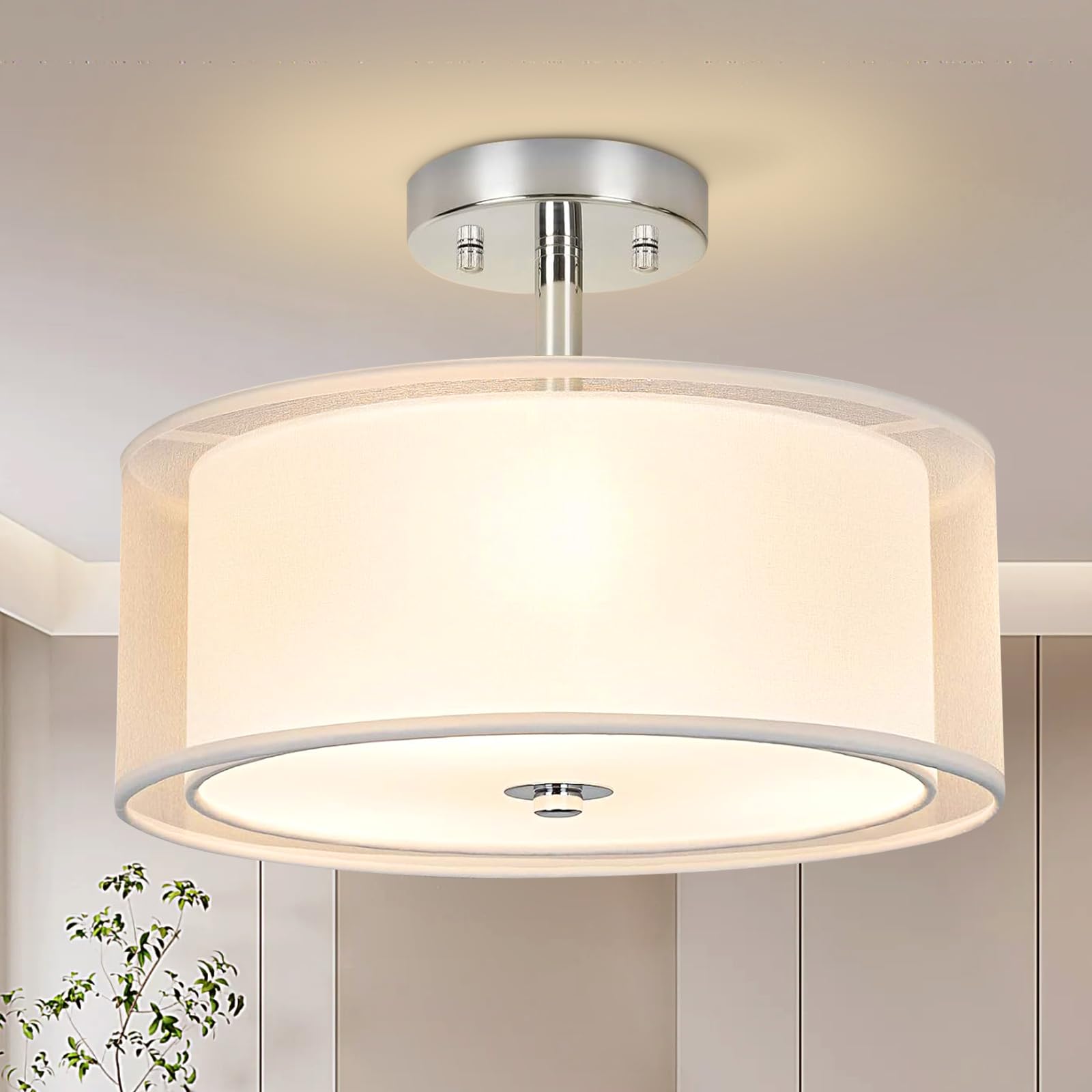 Ceiling Light, 3-Light Ceiling Light Fixture, Semi Flush Mount Ceiling Light, Light Fixtures Ceiling Mount with Double Fabric Shade, Bedroom Lights for Ceiling,Gray Ceiling Light Fixtures for Bedroom