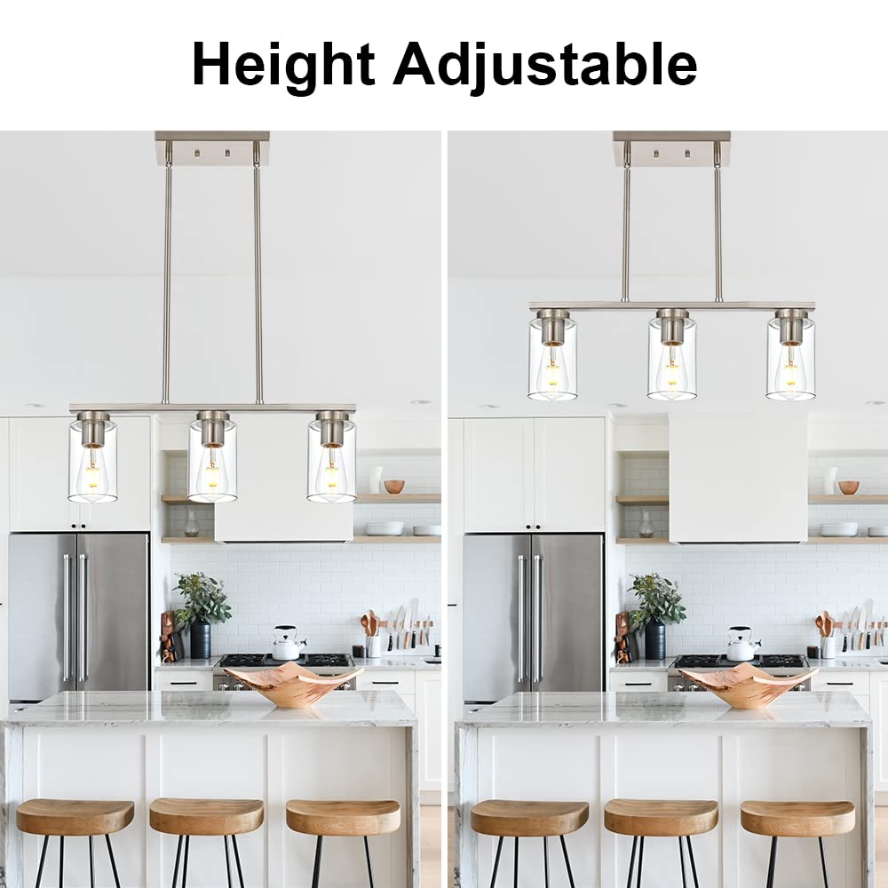 3 Light Linear Pendant Light Fixture with Clear Glass Shade Industrial Kitchen Island Lighting in Brushed Nickel Finish Farmhouse Chandelier for Dining Room Pool Table