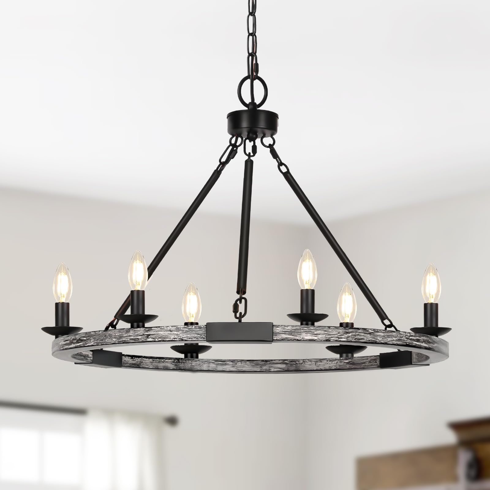 Black Farmhouse Chandelier, 6-Light Wagon Wheel Chandelier with Adjustable Height, Dining Room Light Fixture, Hanging Lights for Kitchen Island, Living Room, Bedroom, Entryway, E12 Base