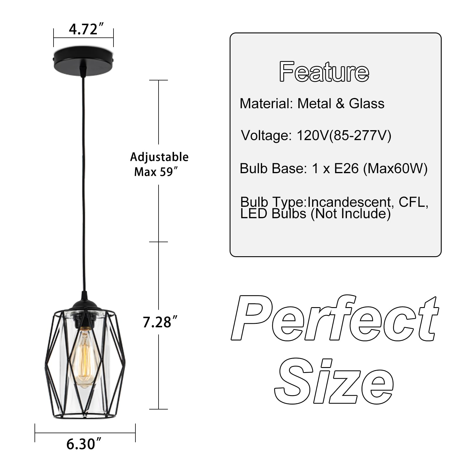 Industrial Black Pendant Light Fixture with Glass Retro Farmhouse Mini Glass Pendant Lighting with Cage Vintage Caged Glass Pendant Light for Kitchen Island, Dining Room, Bedroom, 1-Pack