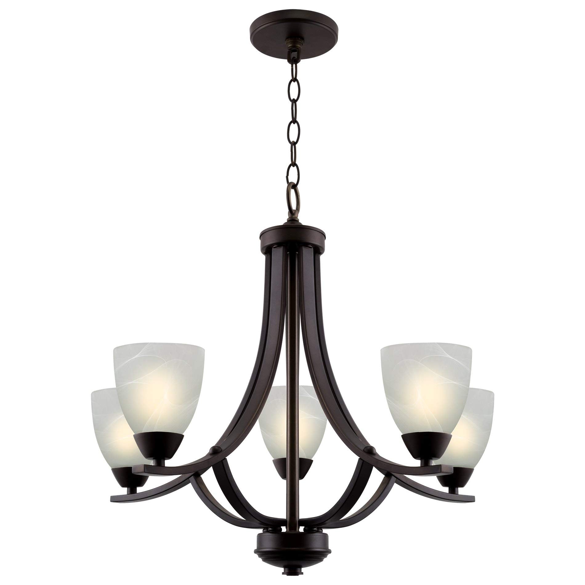 24" Contemporary 5-Light Large Chandelier + Alabaster Glass Shades, Adjustable Chain, Brushed Nickel Finish