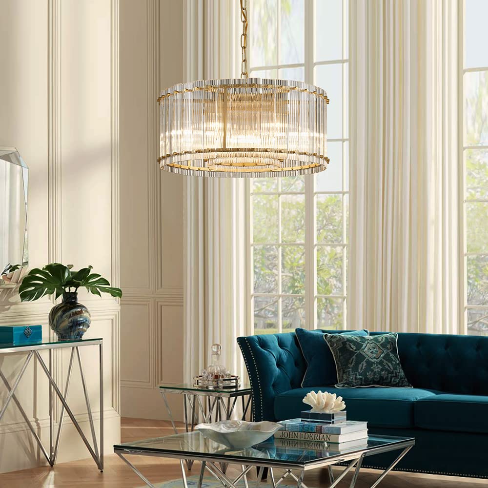 Saint Mossi 21032 Drum Chandelier Light Fixture, Doule Layer Middle Century Modern Design, with 5-Light, D18 x H10, Adjustable 59" Chains, Ripple Glass Shade & Gold Finish Metal Frame