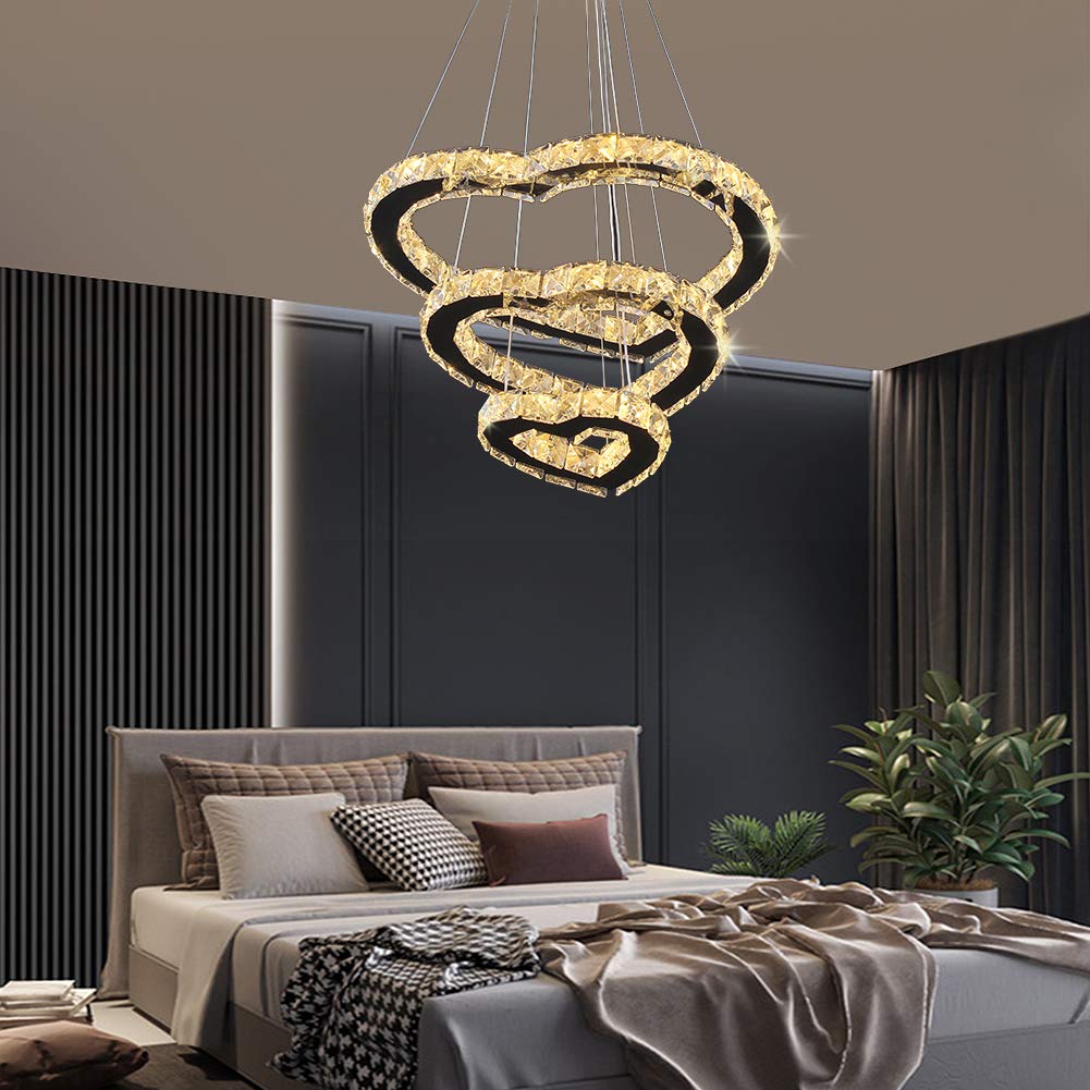 Modern LED Chandeliers Crystal Chandelier 3 Ring Round Pendant Lighting Adjustable Stainless Steel Ceiling Light Fixture for Living Room Dining Room Bedroom