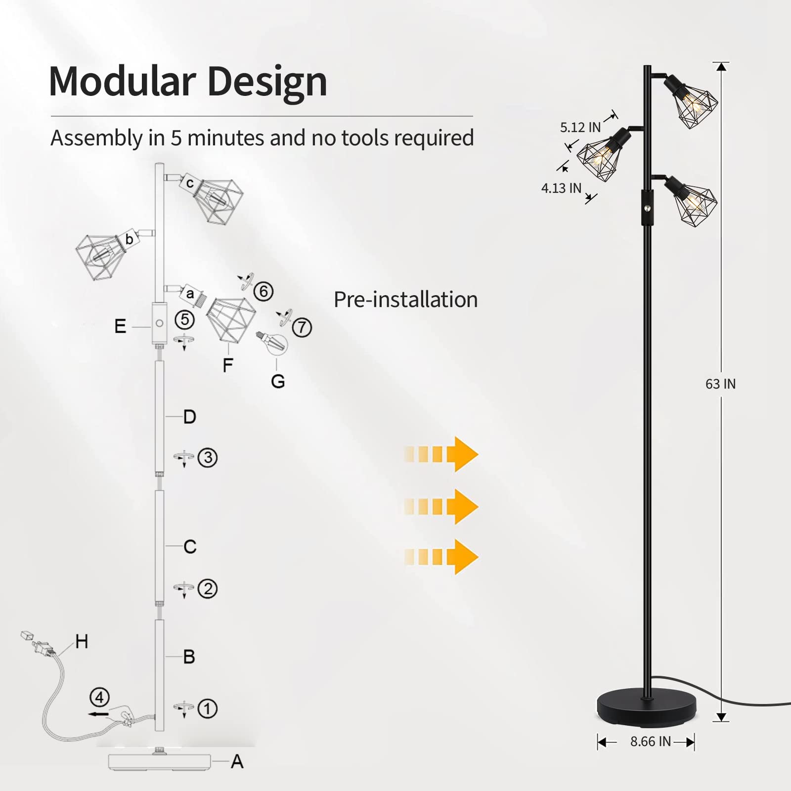 Industrial Standing Lamp with 6W LED Bulb,E26 Socket,On/Off Footswitch,Whole Metal,Modern Floor Lamp for Bedroom,Office, Living Room,Rustic,Vintage,Farmhouse