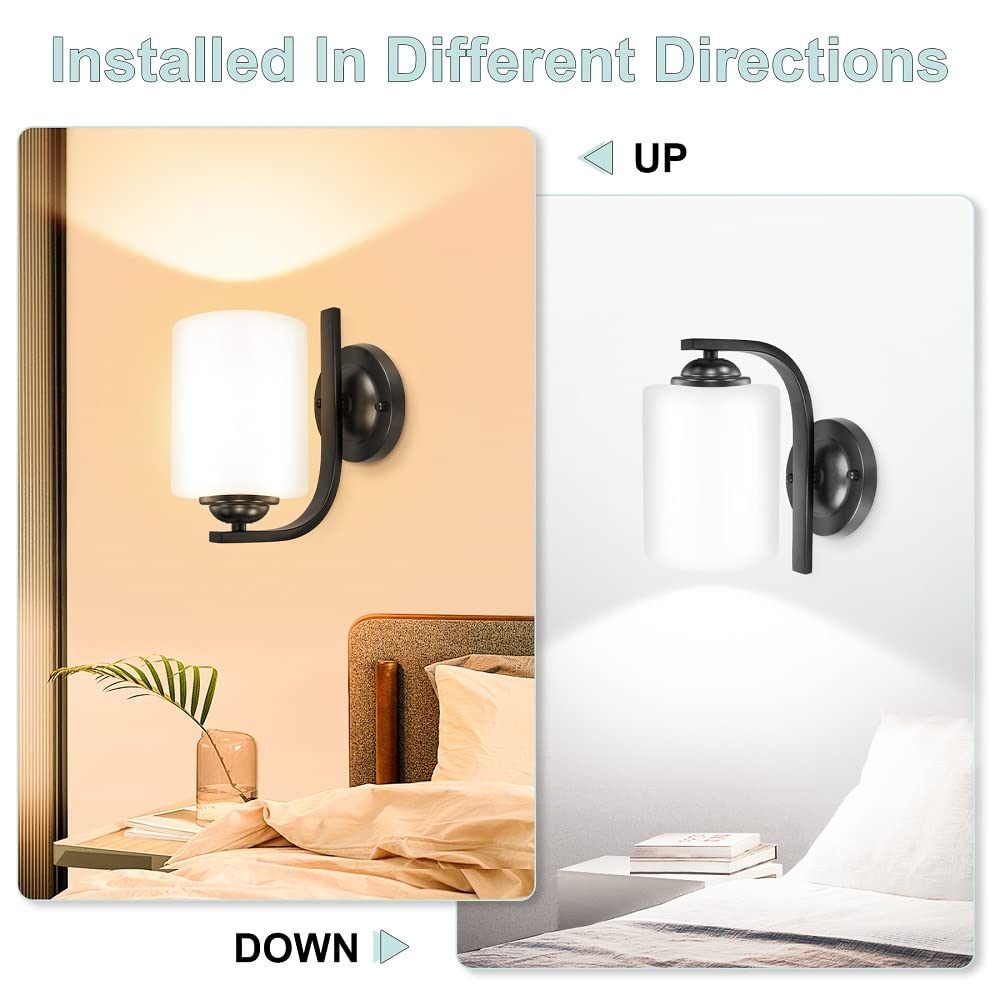 Wall Sconce 1 Light, Modern Wall Light Fixture, Bathroom Vanity Lights with Matte Black Wall Lamp for Bedroom Kitchen Hallway Porch, Milky White Glass Shades, E26 Socket, Bulbs Not Included