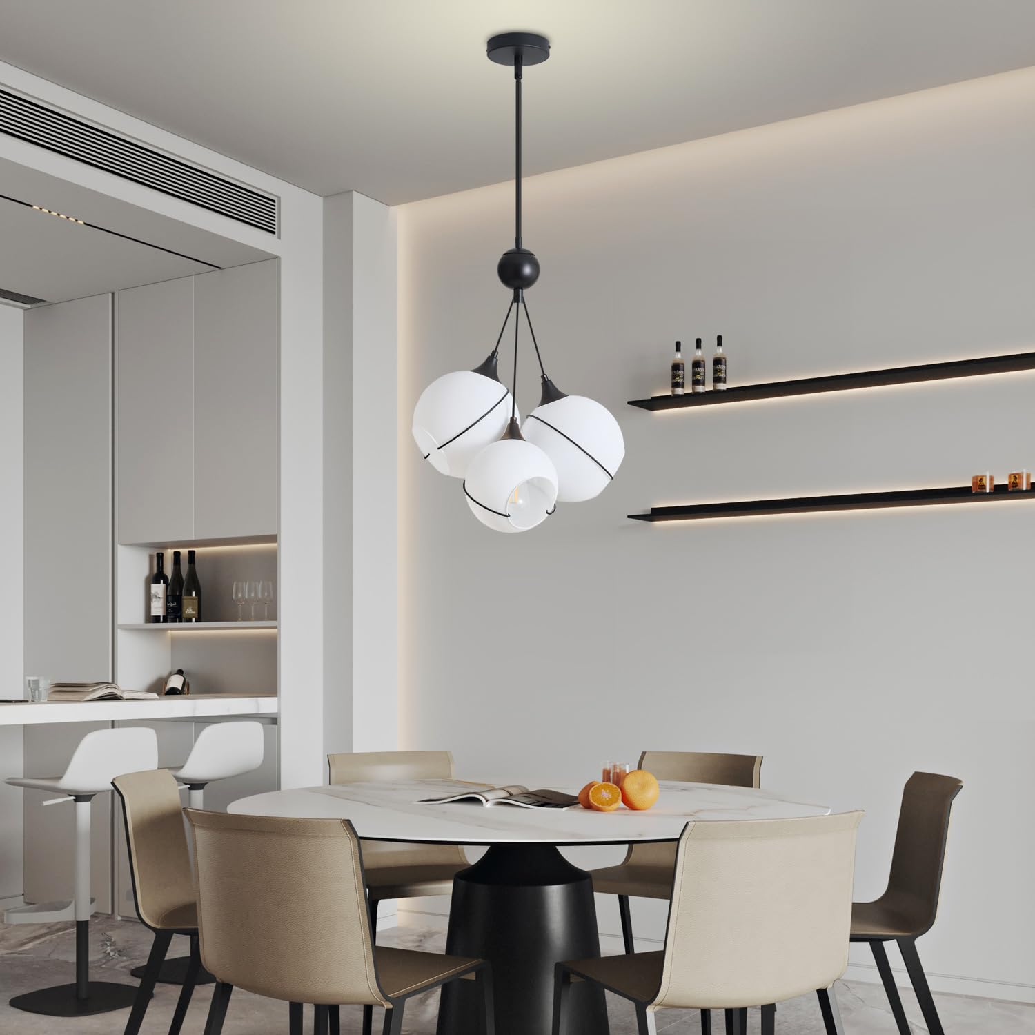 Modern Chandelier, Glass Pendant Lights Kitchen Island, Kitchen Pendant Lighting Over Island, Mid Century Matte Black Chandelier with Milk White Glass Globe Shades