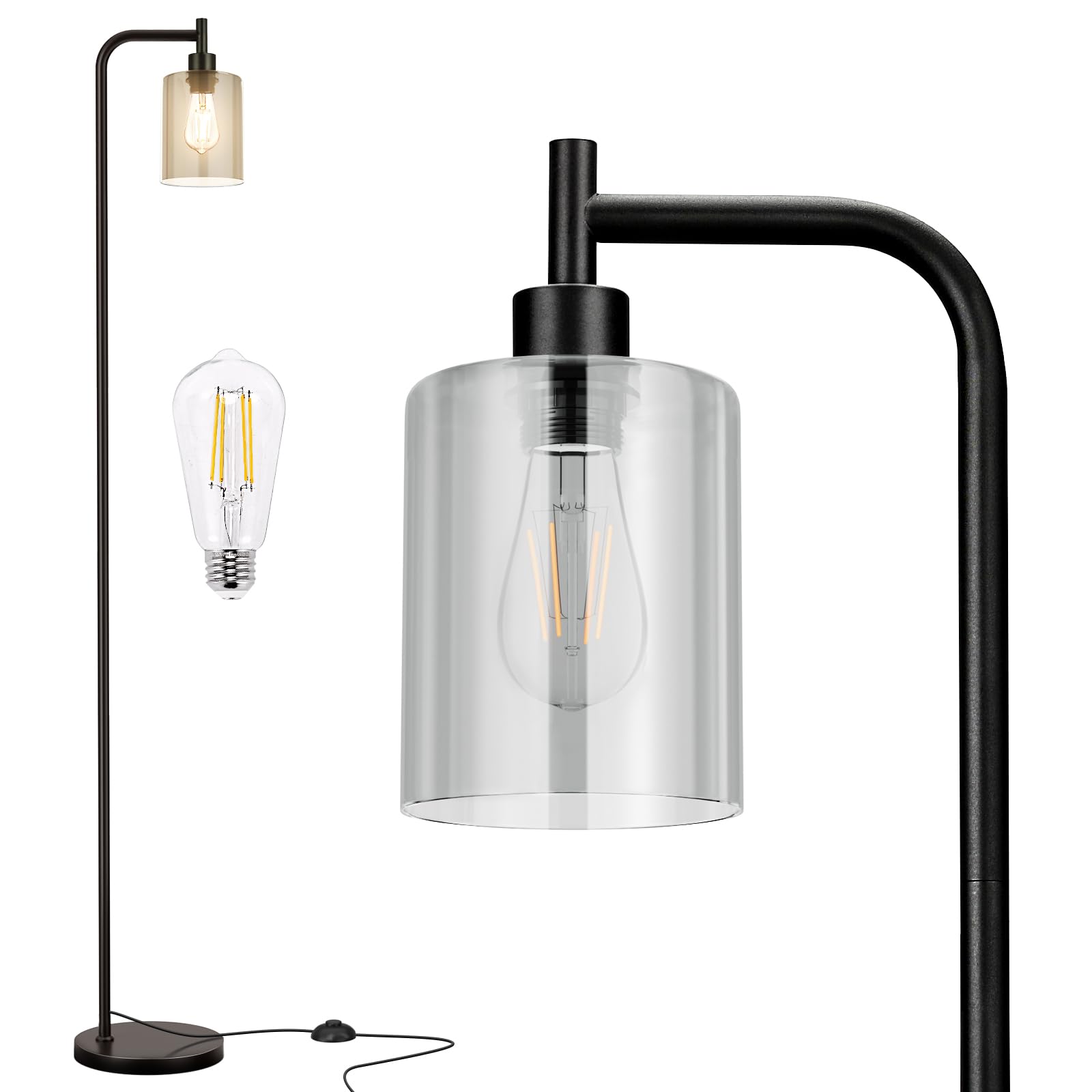 Industrial Floor Lamp with Glass Shade - Black, LED Bulbs, Foot Pedal Switch, Easy Assembly