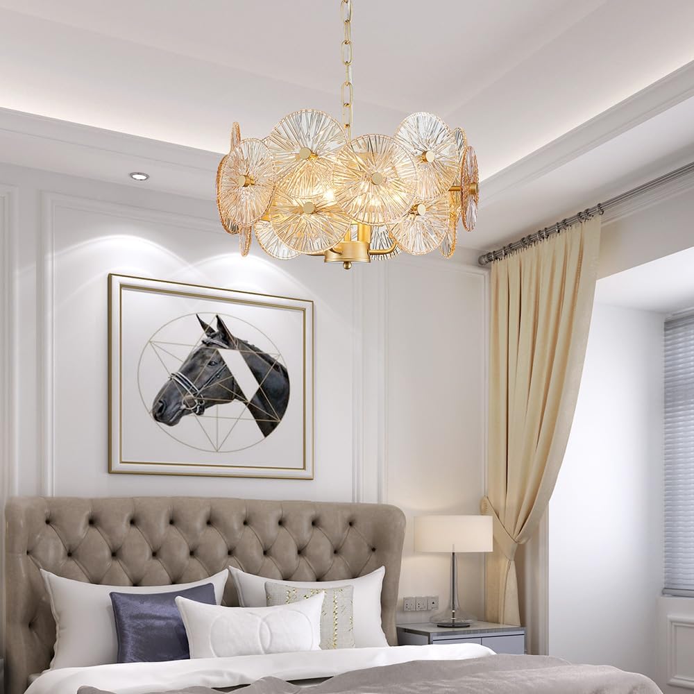 4 Lights Modern Style Crystal Champagne Round Glass Pendant Chandelier for Dining Room Bathroom Bedroom Living Room