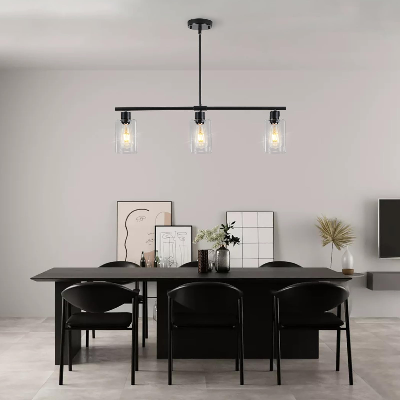 Kitchen Island Lighting,3 Lights Farmhouse Linear Chandeliers for Dining Room,Hanging Rectangle Pendant Light Fixtures with Glass Shades,Black Island Lights for Kitchen Ceiling