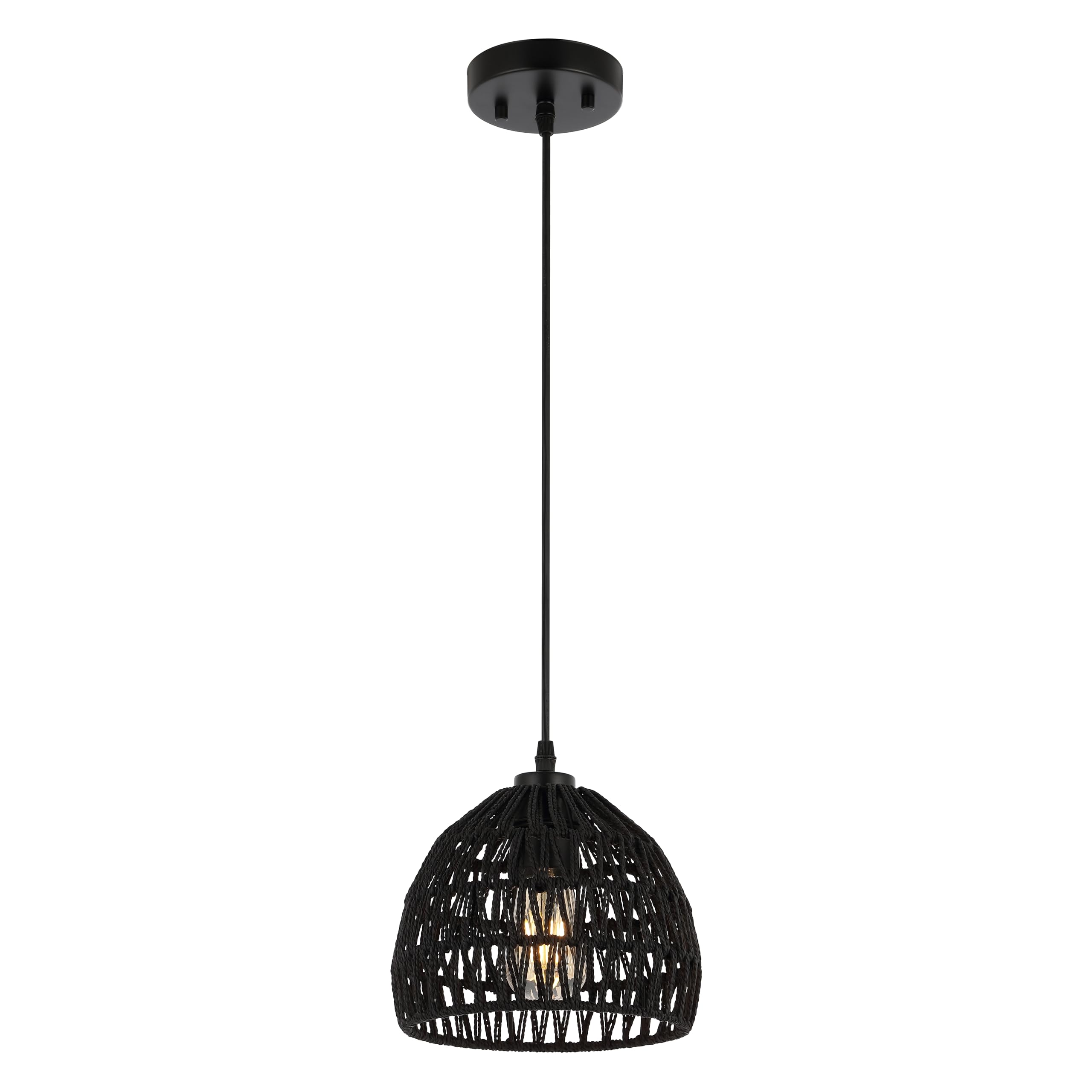 20" 1-Light Bohemian Modern Woven Rattan/Iron LED Pendant Farmhouse Coastal Adjustable Dining Room Living Room Kitchen Island Foyer Bedroom Hallway, Black