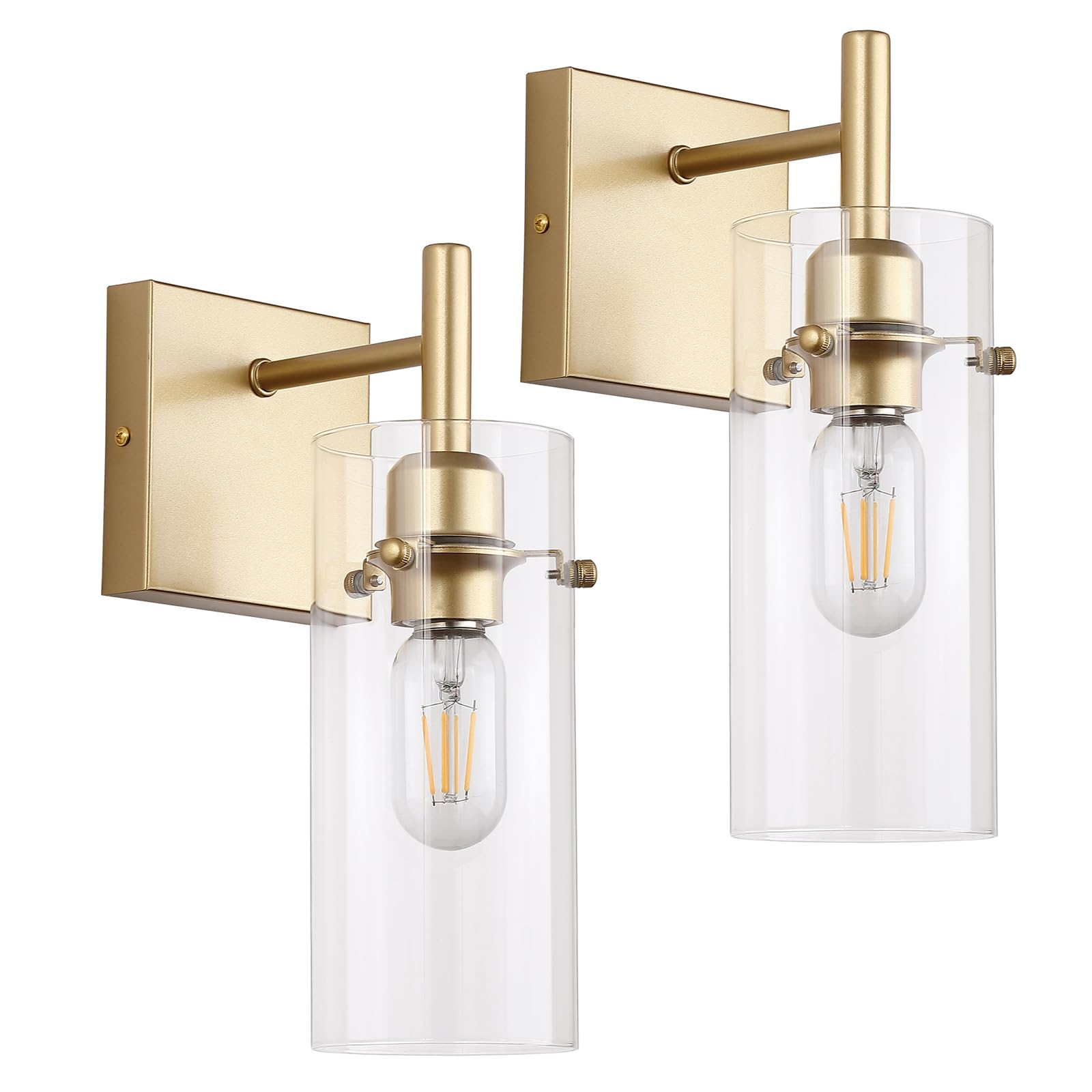 Set of 2 Gold Wall Sconces,Elegant Bathroom Wall Mount Light,Modern Vanity Lighting Fixtures with Clear Glass Shade,Indoor Metal Wall Lamp for Living Room Bedroom Kitchen Hallway Mirror