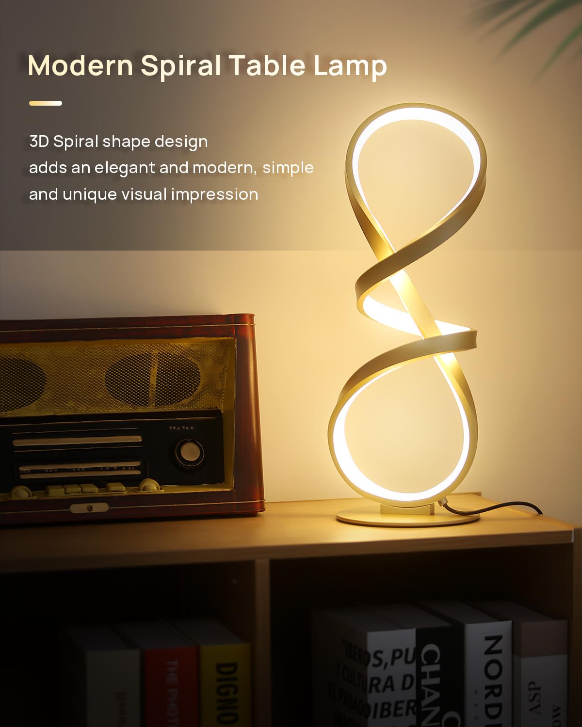 Modern Desk Lamp, LED Touch Dimmable Spiral Table Lamp, 3 Color Temperature Contemporary Nightstand Lamp, Unique Bedside Lamp for Living Room, Bedroom, Cool Lamps for Ideal Gift, Gold