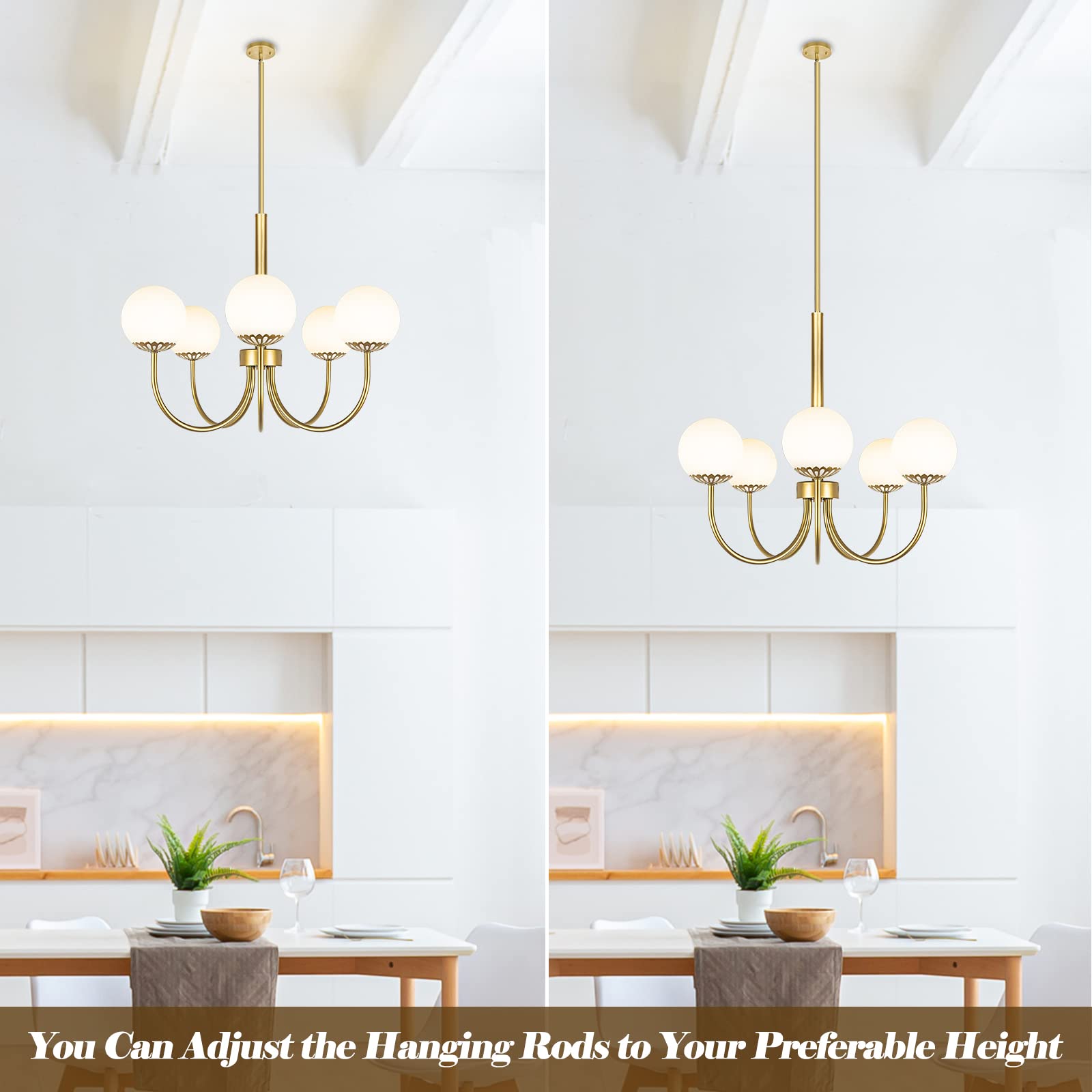 5-Light Gold Chandelier, Globe Modern Sputnik Light Fixture with Frosted Glass, Vintage Semi-Flush Mount Ceiling Light for Dining Room, Large Pendant Lighting for Kitchen Living Room Bedroom