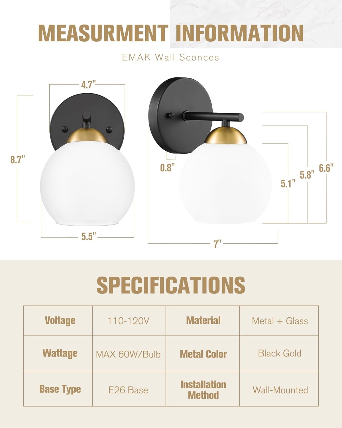 Black Vanity Lights for Mirror, Modern Farmhouse 2-Light Bathroom Light Fixtures Globe Bathroom Vanity Light with Milk Glass Shade, VL114-BK-ML-2