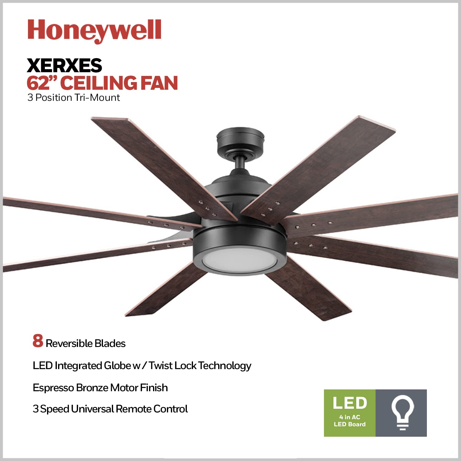 Ceiling Fans Xerxes, 62 Inch Contemporary LED Ceiling Fan with Light and Remote Control, 8 Blades with Dual Finish, Reversible Motor - 51628-01 (Brushed Nickel)