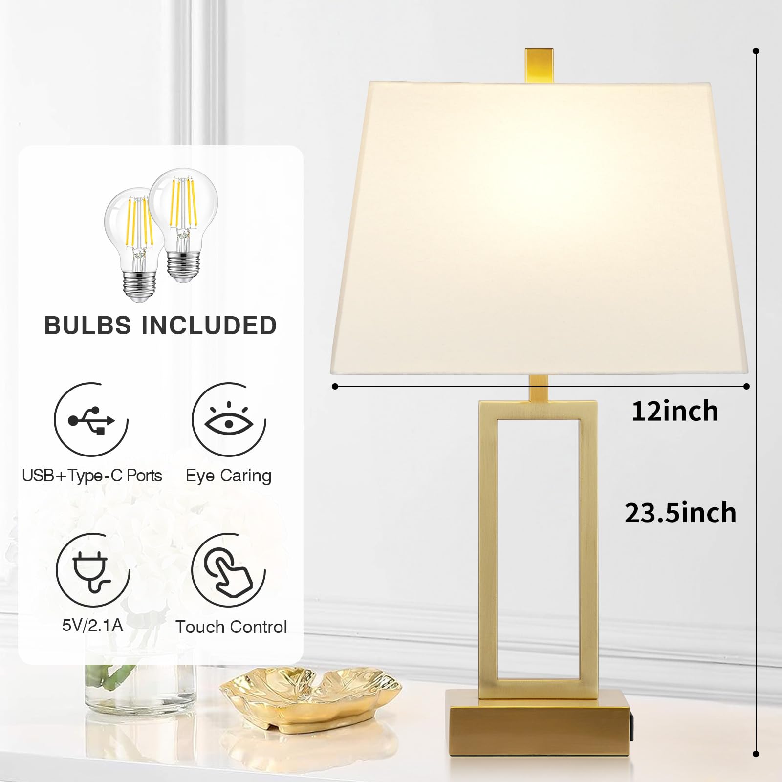 23.5" Touch Control Table Lamps, Metal Bedside Lamp for Bedroom Set of 2 with USB A+C Ports & AC Outlet, 3-Way Dimmable Nightstand Lamp for Living Room (LED Bulb Included)