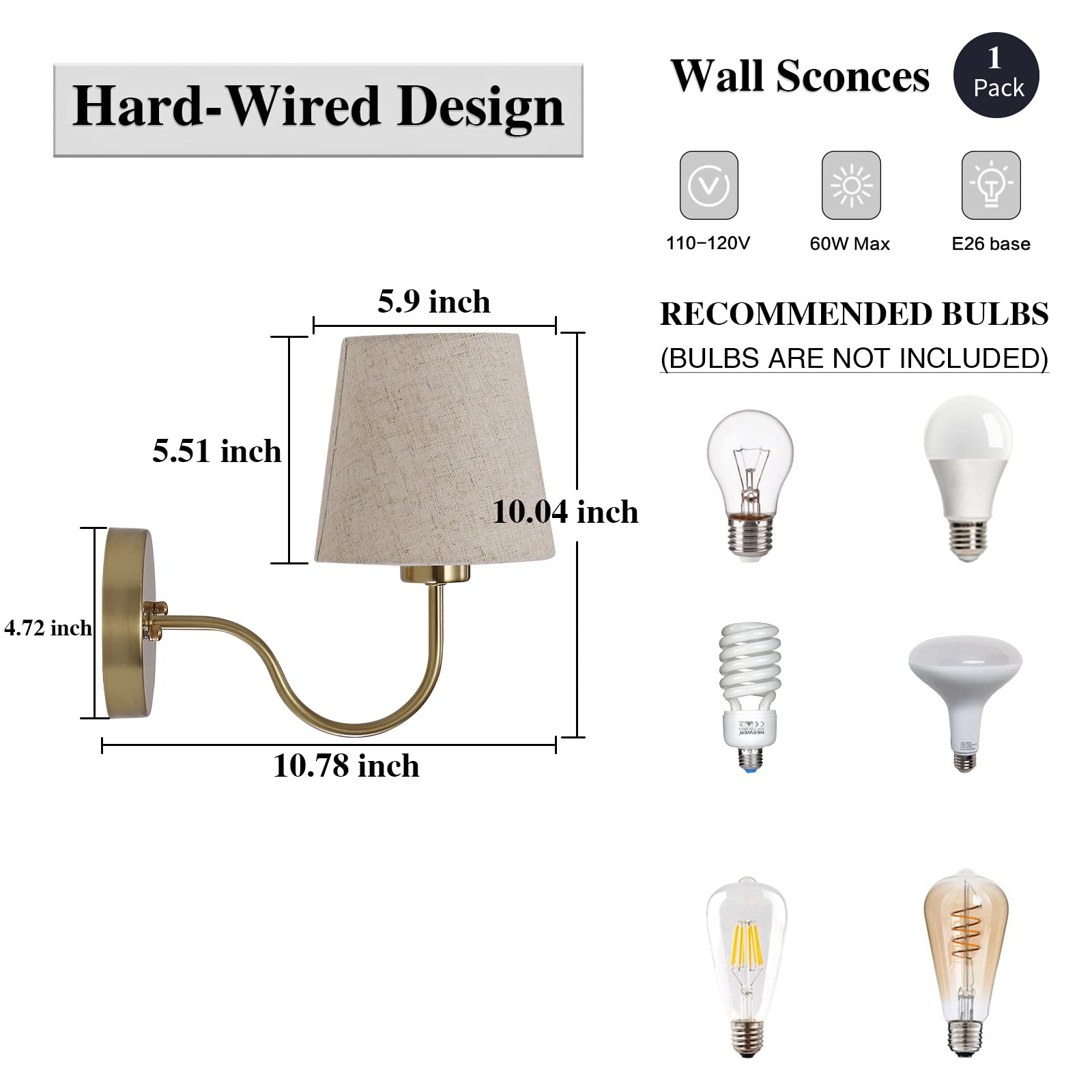 Gold Wall Sconces Set of Two, Modern Sconces Wall Lighting Vintage Wall Light Fixtures with Fabric Lampshade, Bedside Wall Lamps for Bedroom Living Room Hallway Entryway