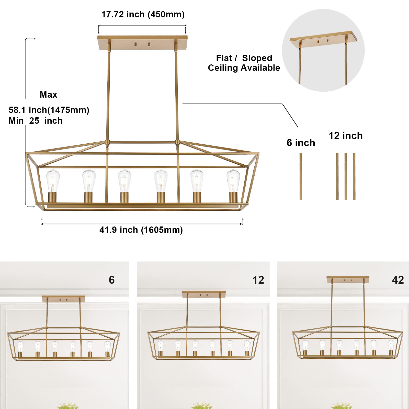 Modern 4 Light Farmhouse Chandelier Gold Linear Kitchen Island Pendant Light Traditional Rectangular Dining Room Lighting Fixture Hanging Metal Cage Pendant Lamp for Hallway Foyer