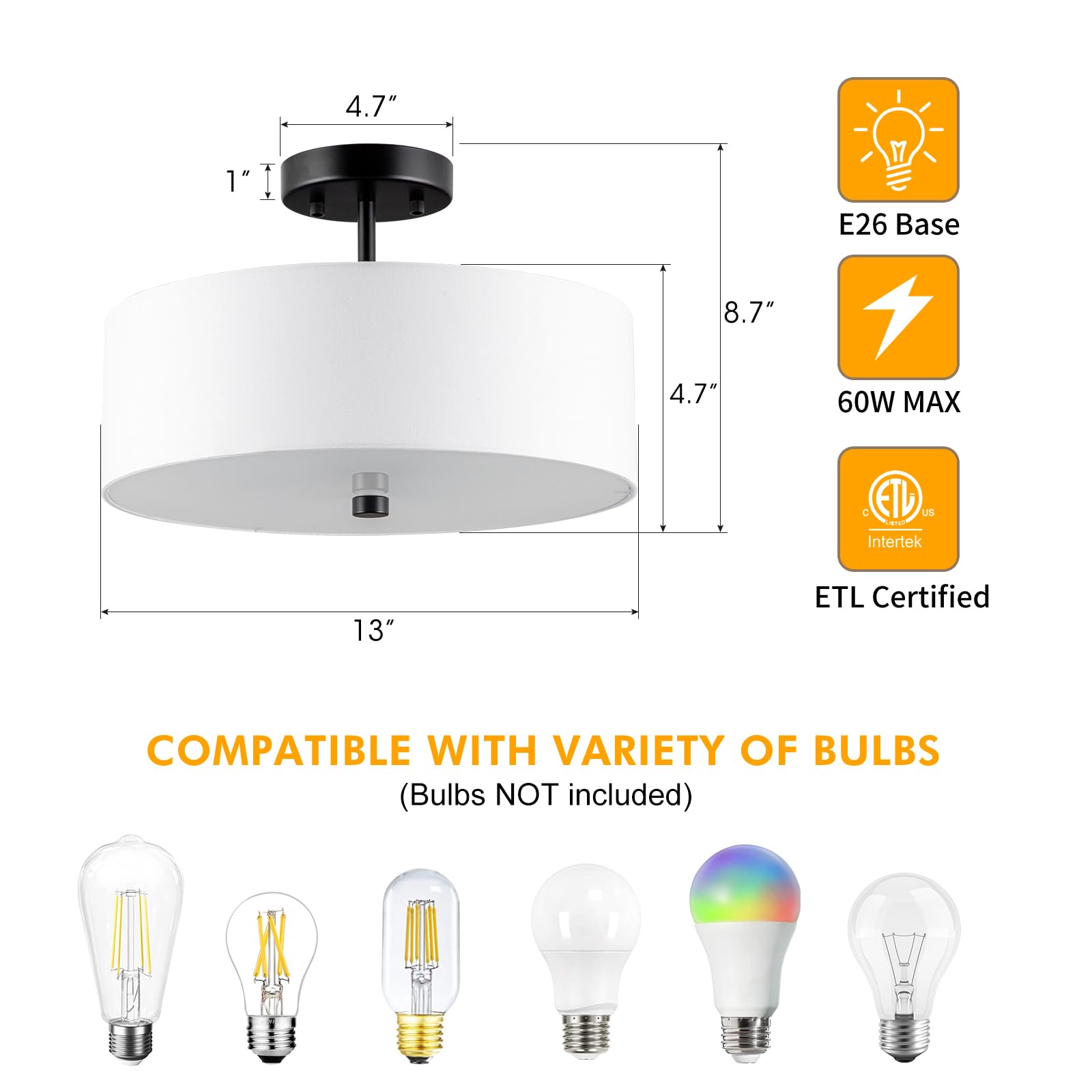 3-Light Semi Flush Mount Ceiling Light Fixture, 13" Black Drum Light, Modern Close to Ceiling Light with White Fabric Shade Lamps for Bedroom Living Dining Room Kitchen Hallway Entryway