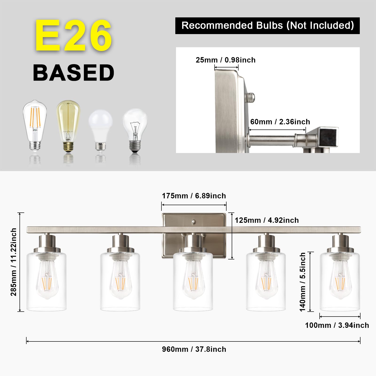 Ascher Bathroom Vanity Light Fixtures, 3 Light Wall Sconces Lighting with Clear Glass Shade, Brushed Nickel Wall Lights for Mirror, Kitchen, Living Room, Gallery, E26 Base (Bulbs Not Included)