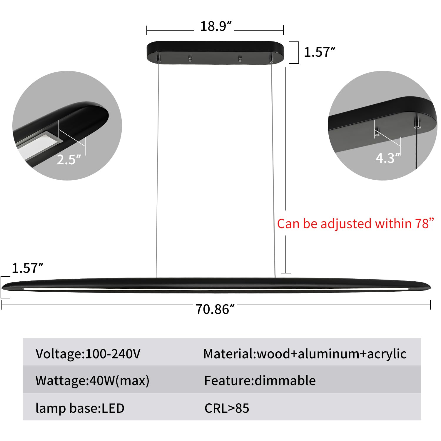 71" Wood Linear Pendant Light Wood Linear Dinning Room Light Island Lights LED Dimmable Linear Chandelier 40w for Dining Room Billiard & Pool Table Walnut Color