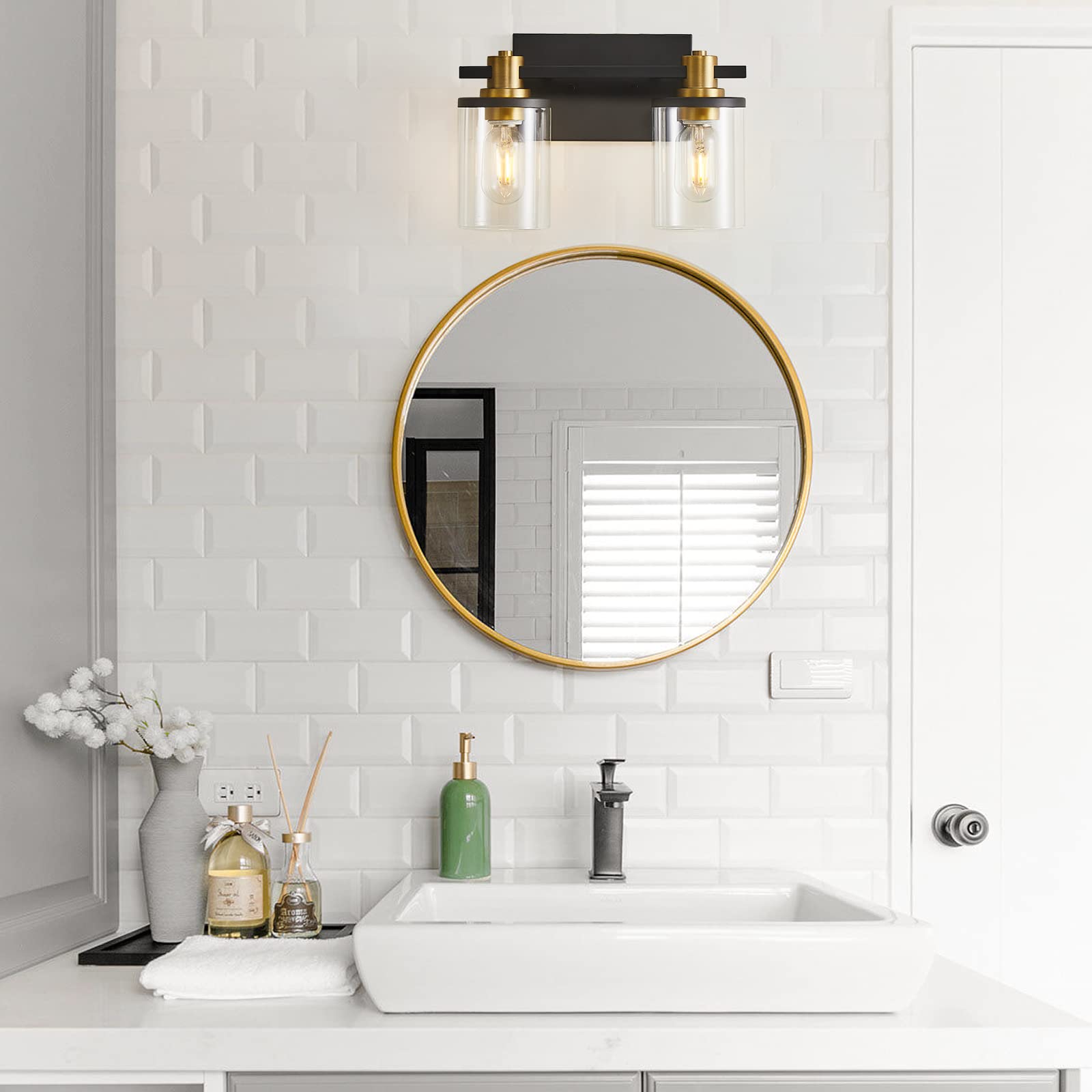 3 Light Bathroom Vanity Light, Black and Gold Bathroom Light Fixtures with Clear Glass Shade, Matte Black Finish, Brushed Gold Copper Accent Socket, Modern Gold Vanity Lights for Bathroom Over Mirror