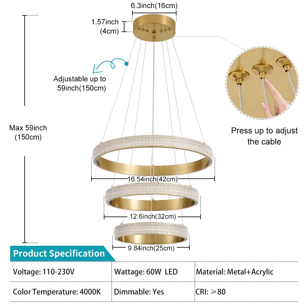 Modern LED Chandelier Dimmable 2 Ring Gold Pendant Light Acrylic 34W 4000K Height-Adjustable Modern Chandelier for Dining Room Living Room Bedroom Kitchen Island Foyer Stairway