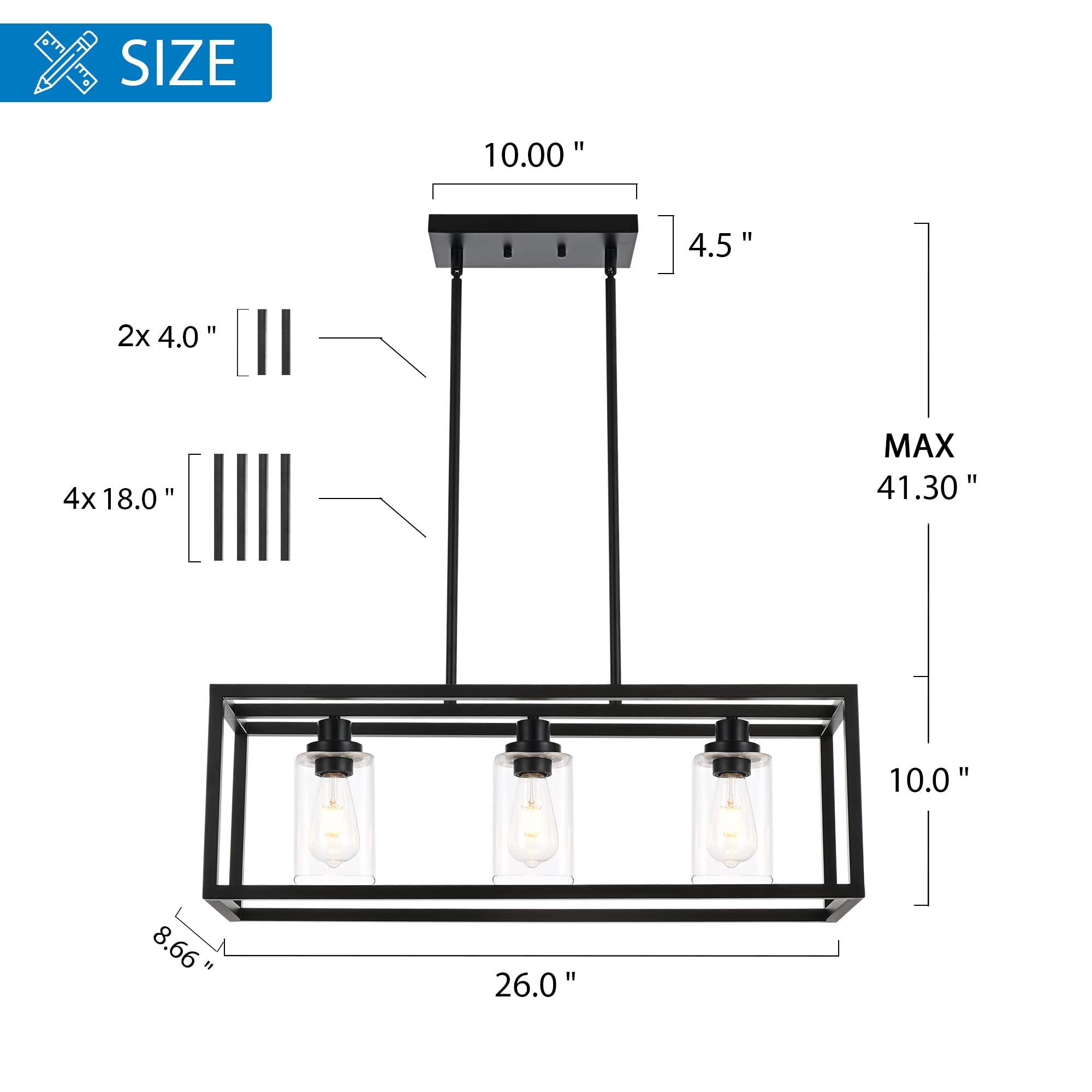 3 Light Kitchen Island Lighting Linear Chandelier Black Pendant Lighting with Rectangular Clear Glass Shade for Dining Room Bar Kitchen Pool Table, Adjustable Height