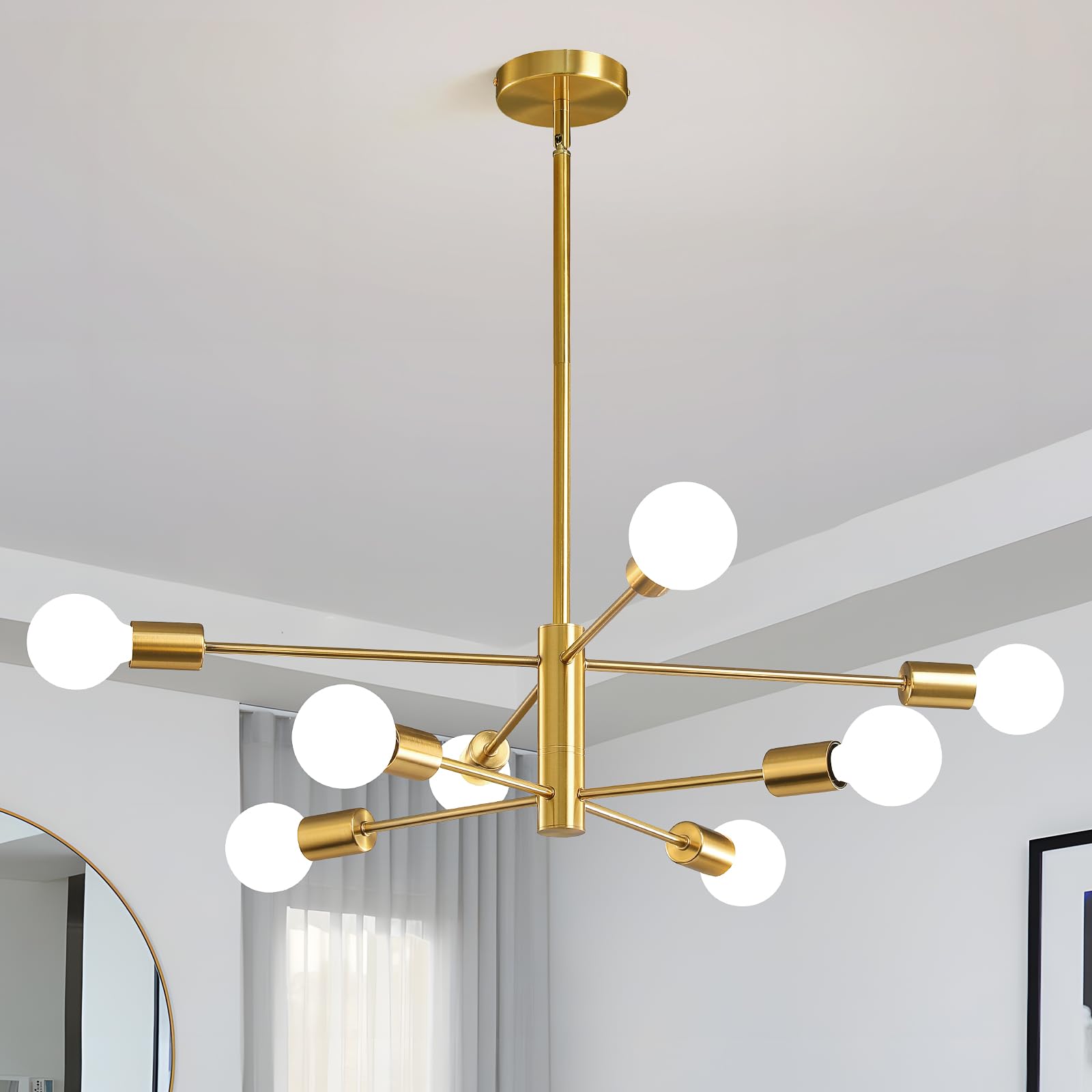 Sputnik Chandelier Modern Gold Chandelier 6-Light E26 Mid Century Ceiling Light Fixture Height Adjustable Hanging Pendant Lighting for Dining Room Kitchen Island Bedroom Office