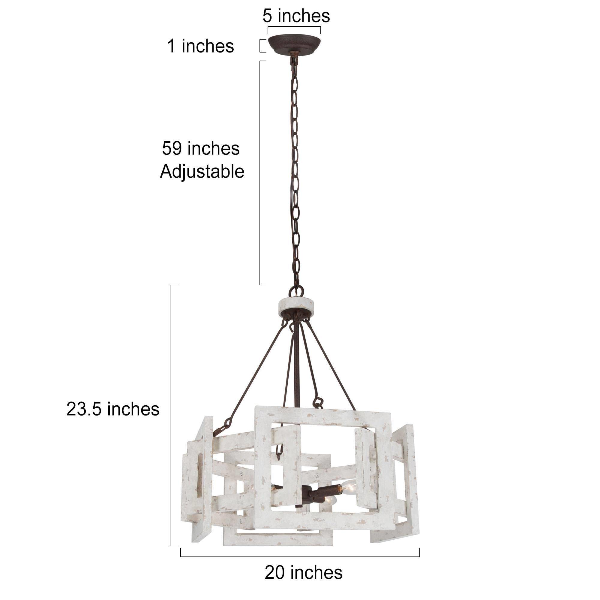 Farmhouse Wood Chandeliers, 4-Light Drum Wooden Ceiling Hanging Light, Retro Chandelier Light Fixtures with Distressed Weathered White and Rustic Iron Finish