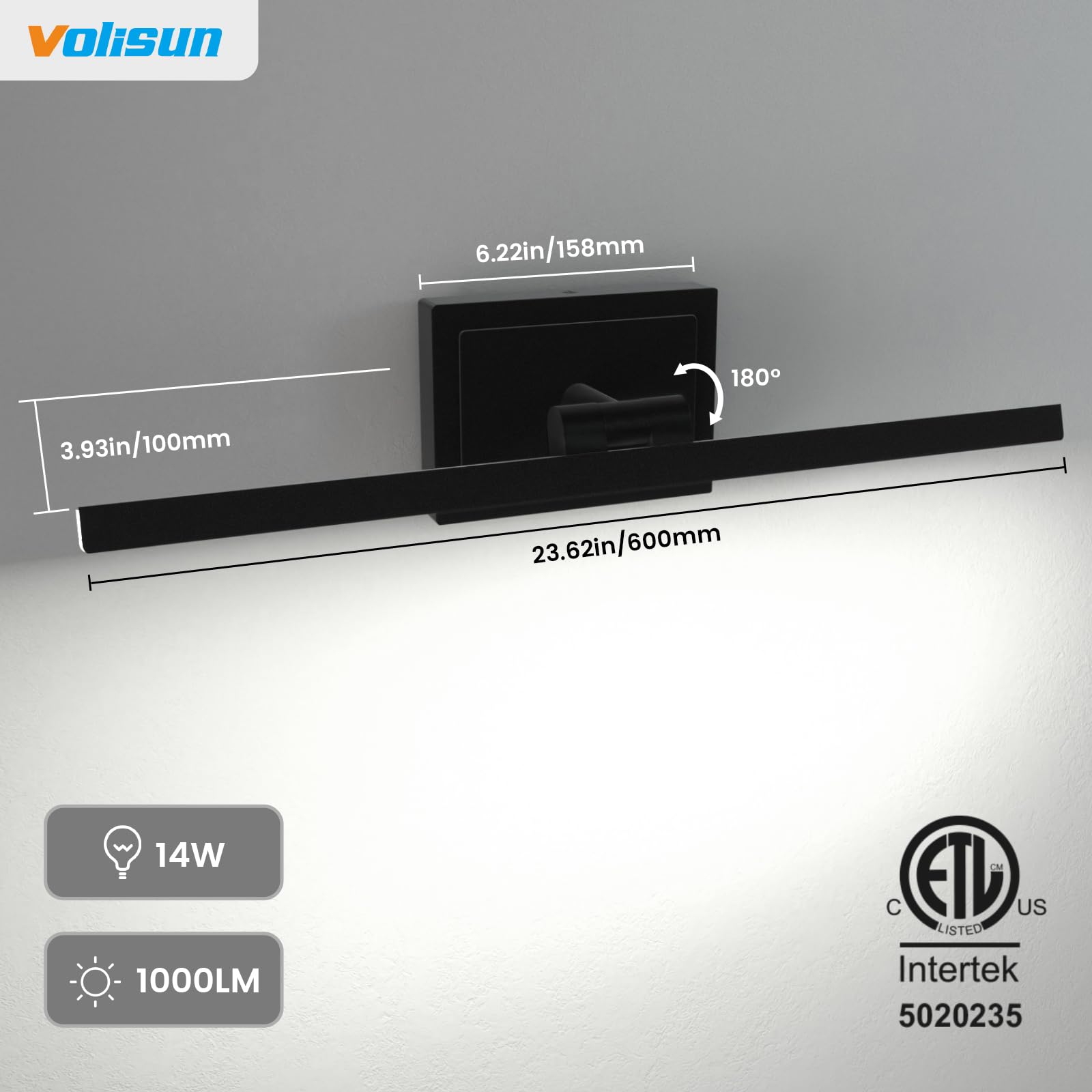 Modern Bathroom Vanity Light 24 inch, Rotatable, 14W Dimmable 5CCT Led Bathroom Light Fixture Over Mirror, Black Bar Vanity Light for Bathroom Mirror Restroom-ETL Certificated