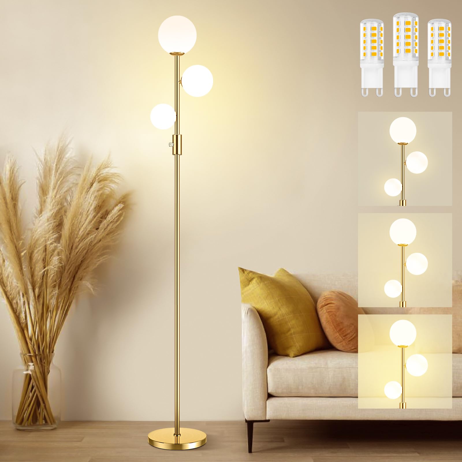 69" 3-Globe Mid Century Floor Lamp for Living Room, Modern Dimmable Tall Standing Lamp with Frosted Glass Shades, Contemporary Gold Pole Lamp for Bedroom Office, 3 LED Bulbs Included