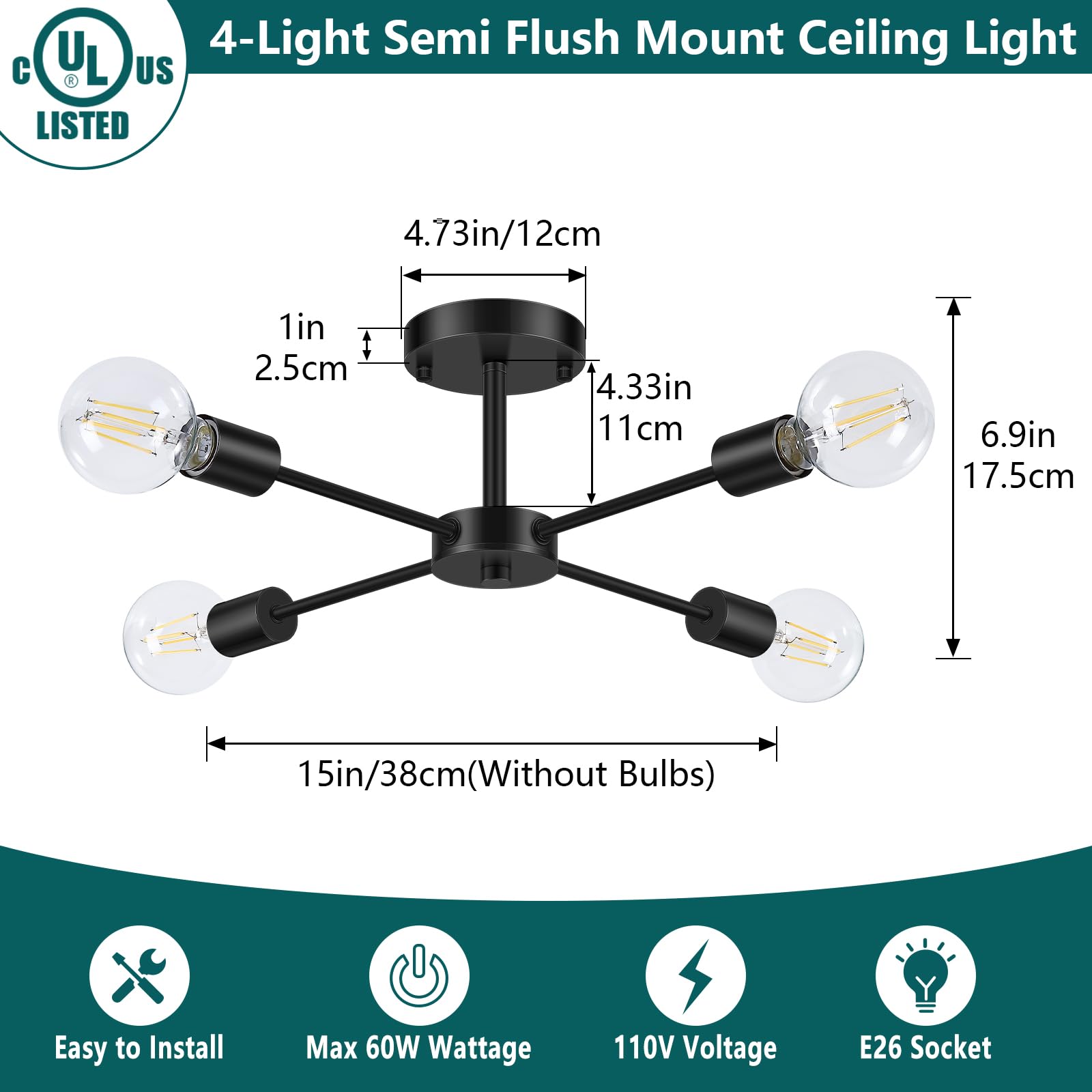 6-Lights Semi Flush Mount Ceiling Light, Matte Black Close to Ceiling Lighting with E26 Base, Modern Sputnik Light Fixtures for Kitchen Dining Room Bedroom Living Room