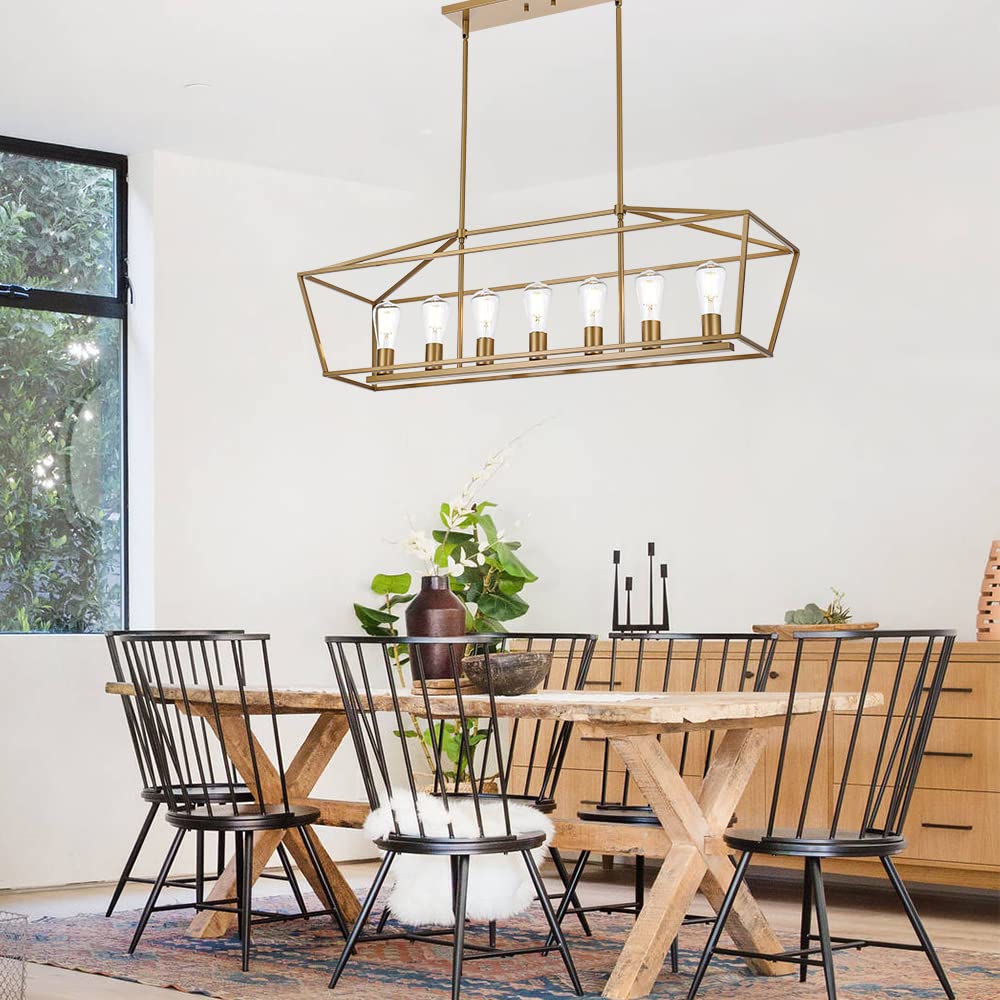 5 Light Modern Kitchen Island Light in Gold Finish,Industrial Hanging Pendant Lighting Fixture with Metal Frame Linear Lantern Chandelier for Dining Room Foyer Cafe Bar