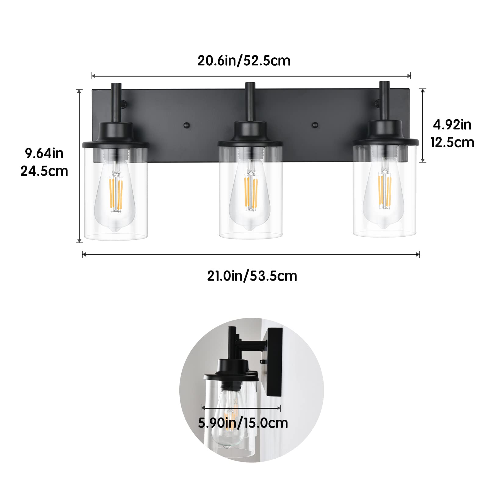 Bathroom Vanity Light Fixtures, 2 Light Wall Sconce Black Vintage Industrial Farmhouse Sconces Wall Lighting with Clear Glass Shade for Bathroom Bedroom Living Room