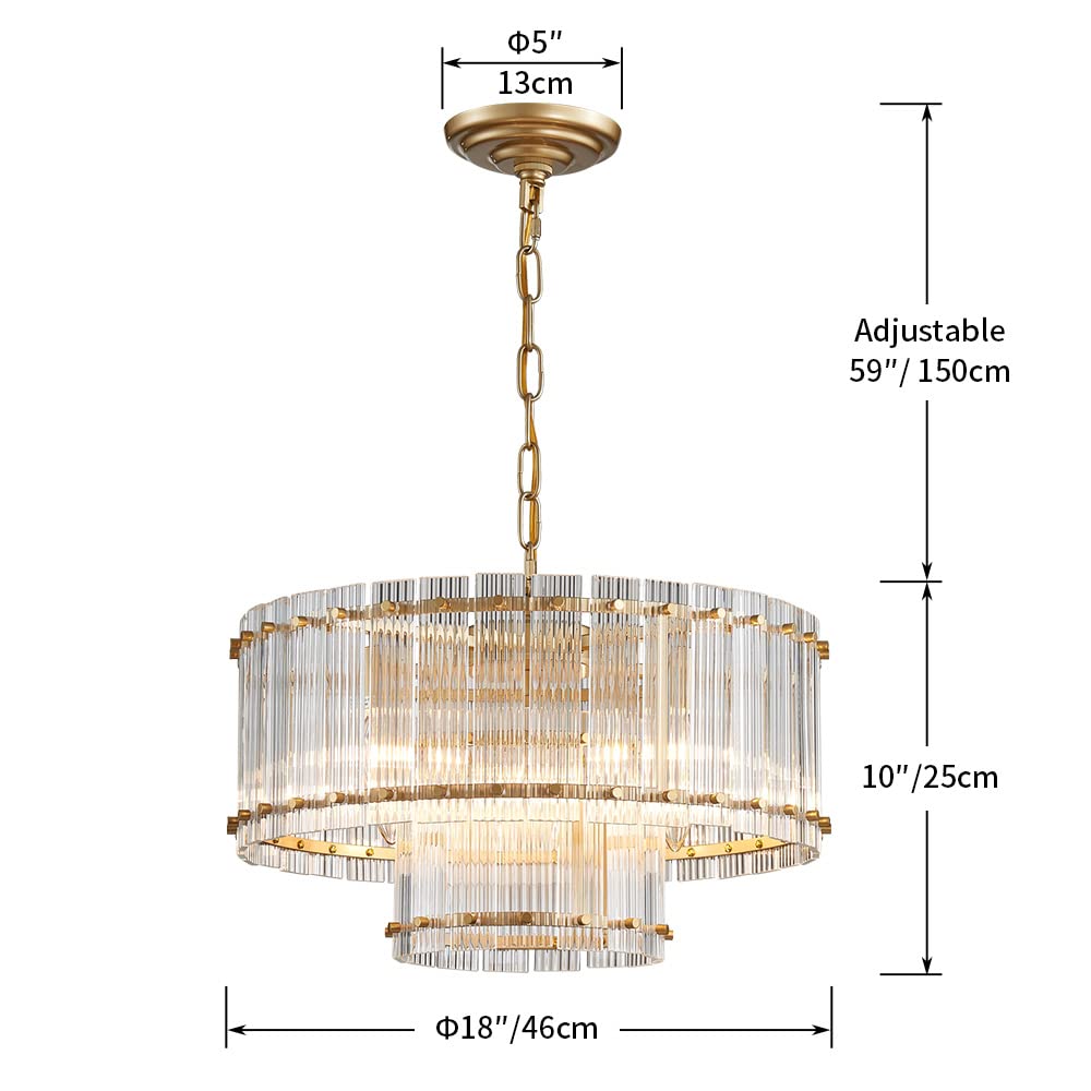 Saint Mossi 21032 Drum Chandelier Light Fixture, Doule Layer Middle Century Modern Design, with 5-Light, D18 x H10, Adjustable 59" Chains, Ripple Glass Shade & Gold Finish Metal Frame