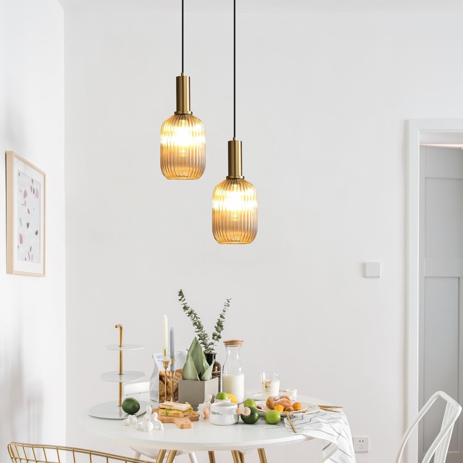 Modern Gold Globe Pendant Lamp 1-Light Mid Century Antique Brass Dining Pendant Light Amber Glass Farmhouse Pendant Lighting Adjustable Large Vintage Hanging Ceiling Pendant Light