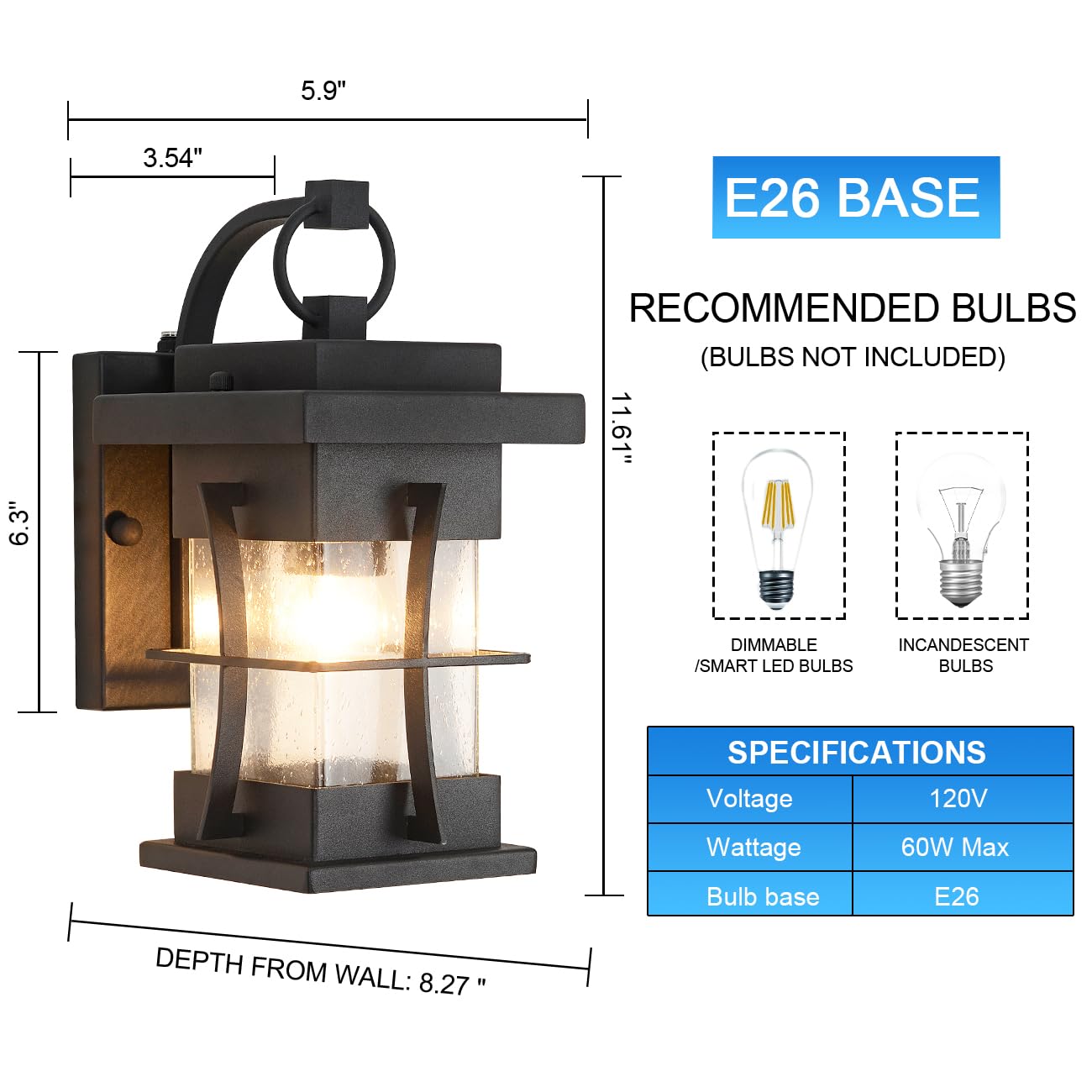 Outdoor Pendant Light Fixture with Dusk to Dawn Sensor Exterior Hanging Lantern with Adjustable Chain Black with Seeded Glass Outside Lights for House Patio Front Porch Lighting