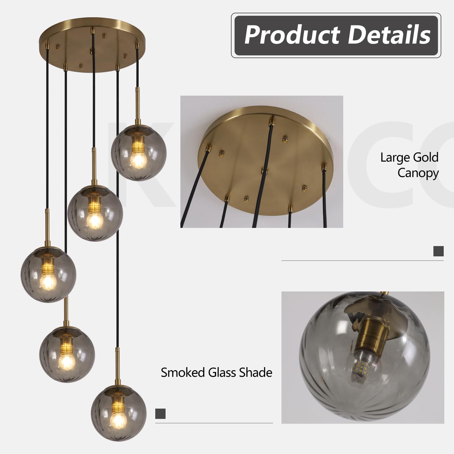 KCO Lighting Modern Gold 3 Light Hanging Pendant Light Large Smoke Glass Globe Cluster Chandelier Brush Brass Kitchen Island Light Fixture Nordic Multi Light Pendant Lighting