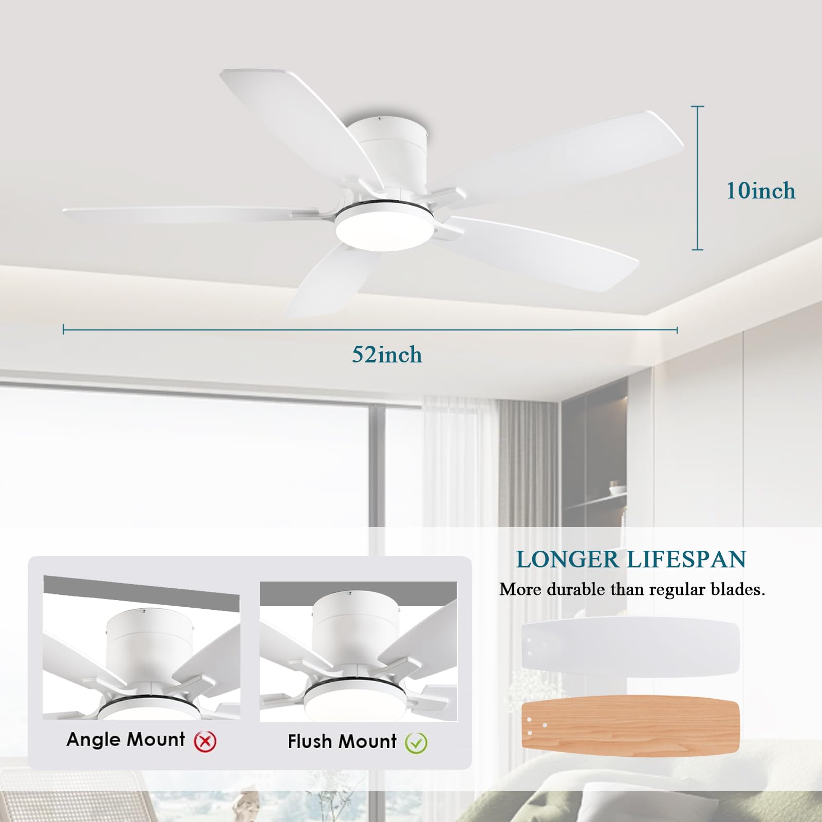 Ceiling Fans with Lights, 52 inch Low Profile Ceiling Fan with Light and Remote Control, Flush Mount, Reversible Motor, Dimmable, Noiseless, White Ceiling Fan for Bedroom, Indoor/Outdoor Use